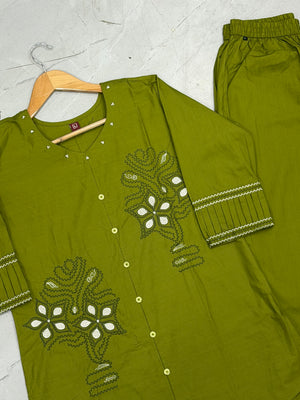 Pure Cotton Embroidered Co-Ords Set – Mehendi