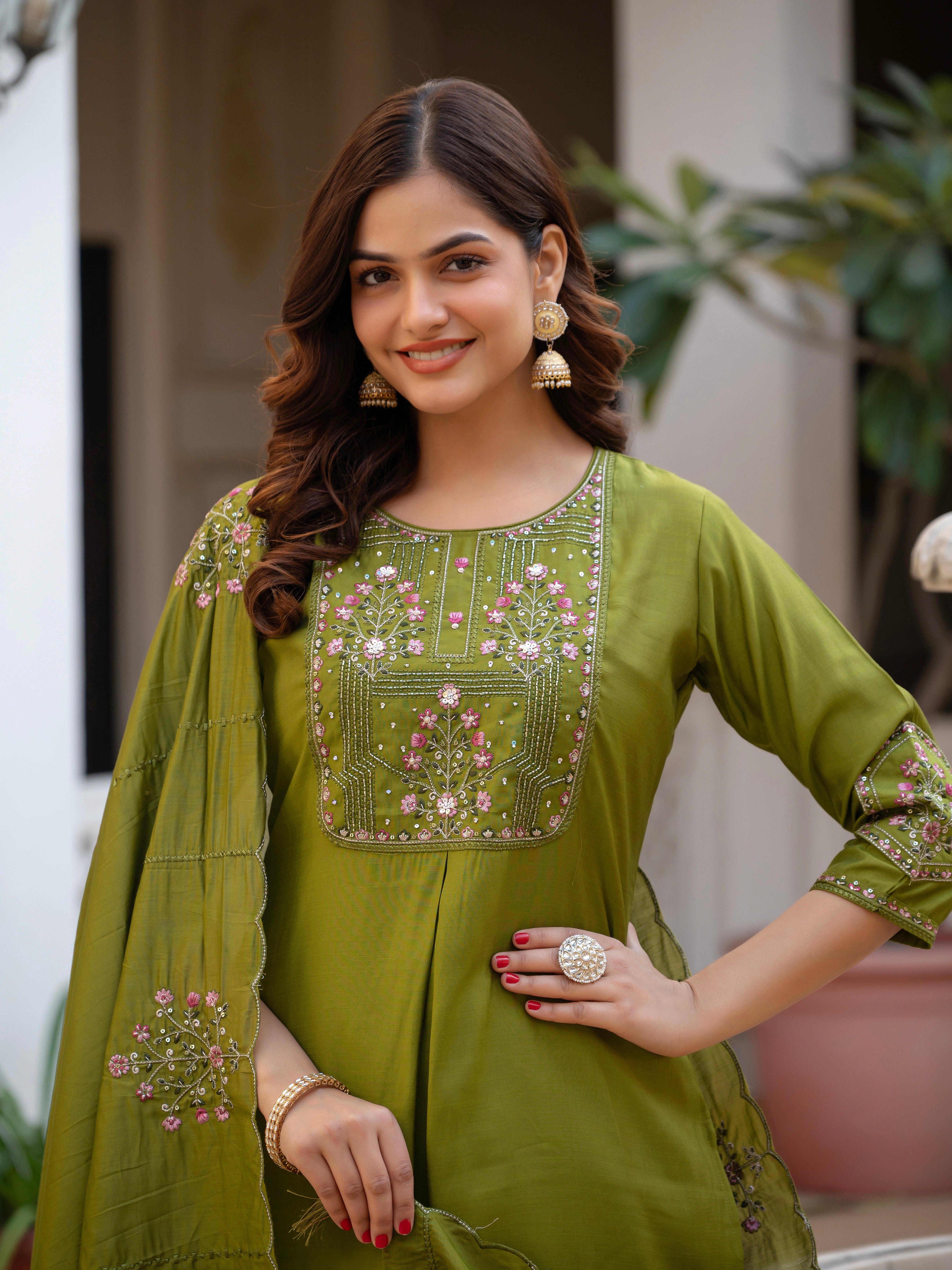 Pure Viscose Mango Silk Embroidered Straight Kurti Set – Mhendi Green