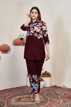Pure Cotton Printed Co-Ords Set – Maroon