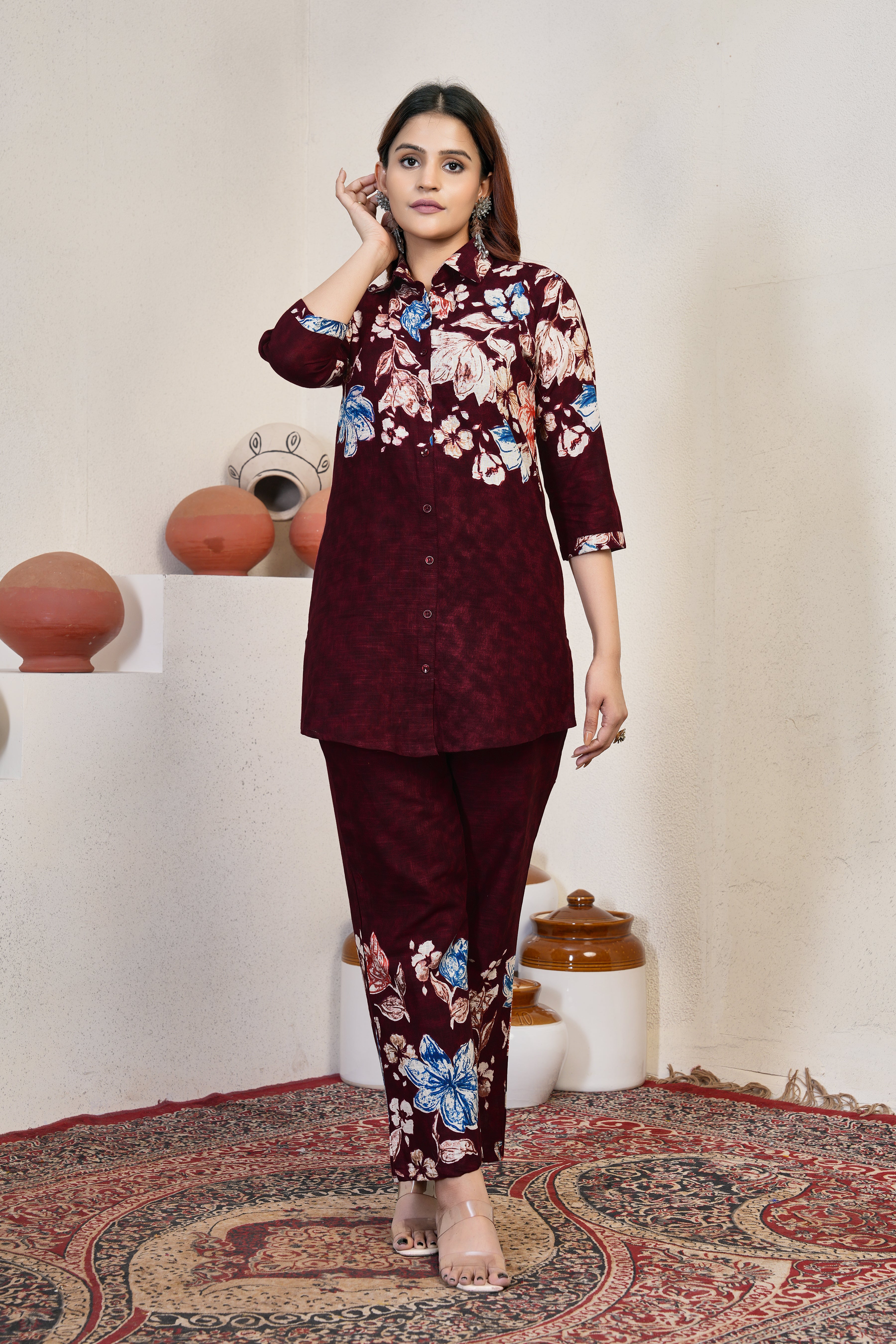 Pure Cotton Printed Co-Ords Set – Maroon
