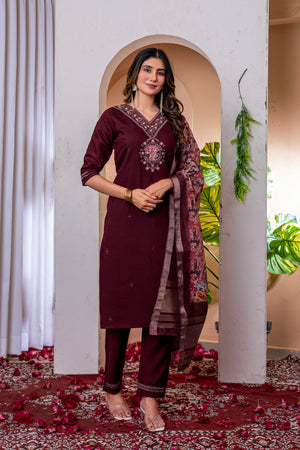 Marina Viscose Silk Embroidered Straight Kurti Set – Wine