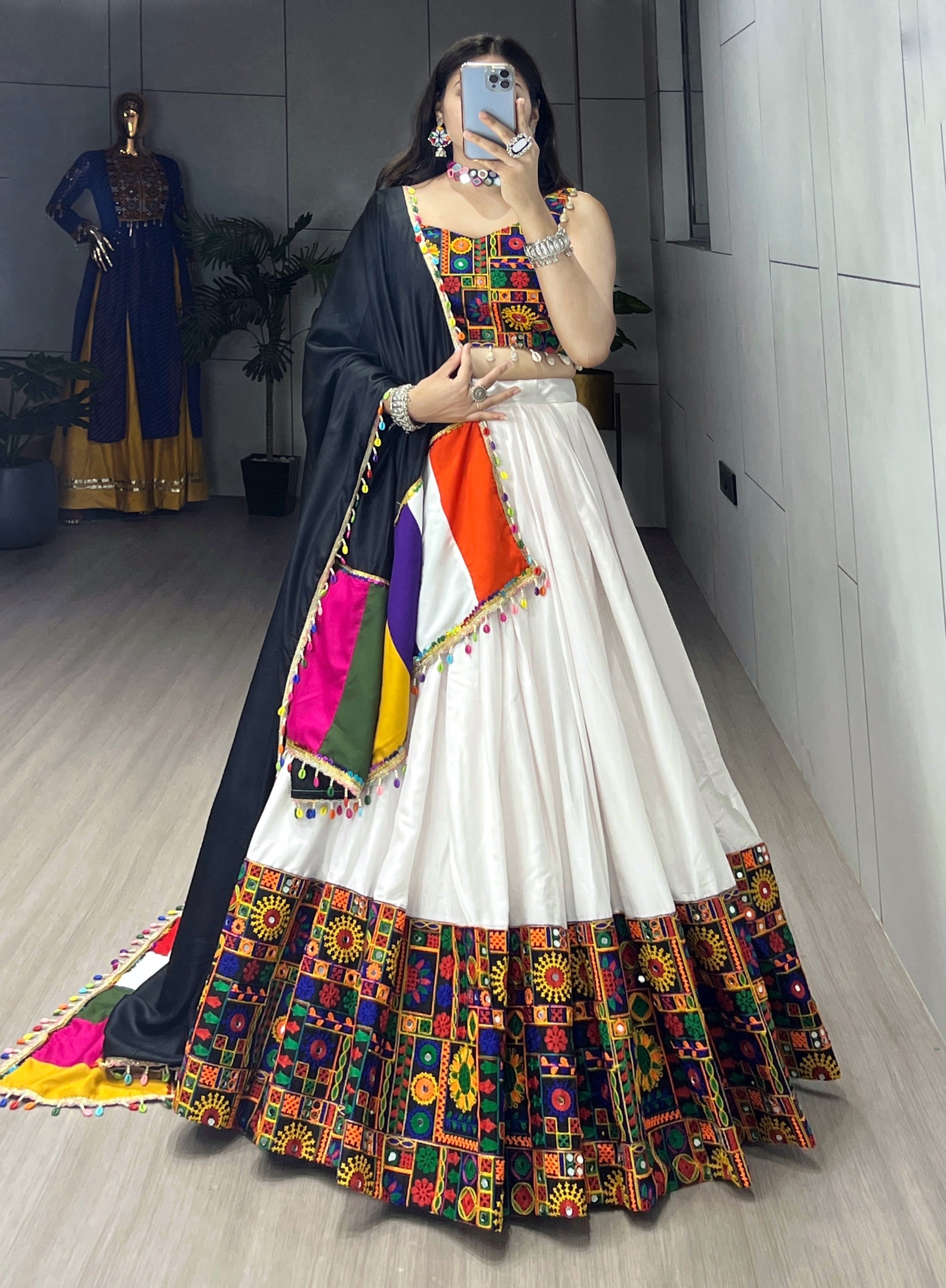 Navratri White Gamthi Mirror Work Lehenga Set