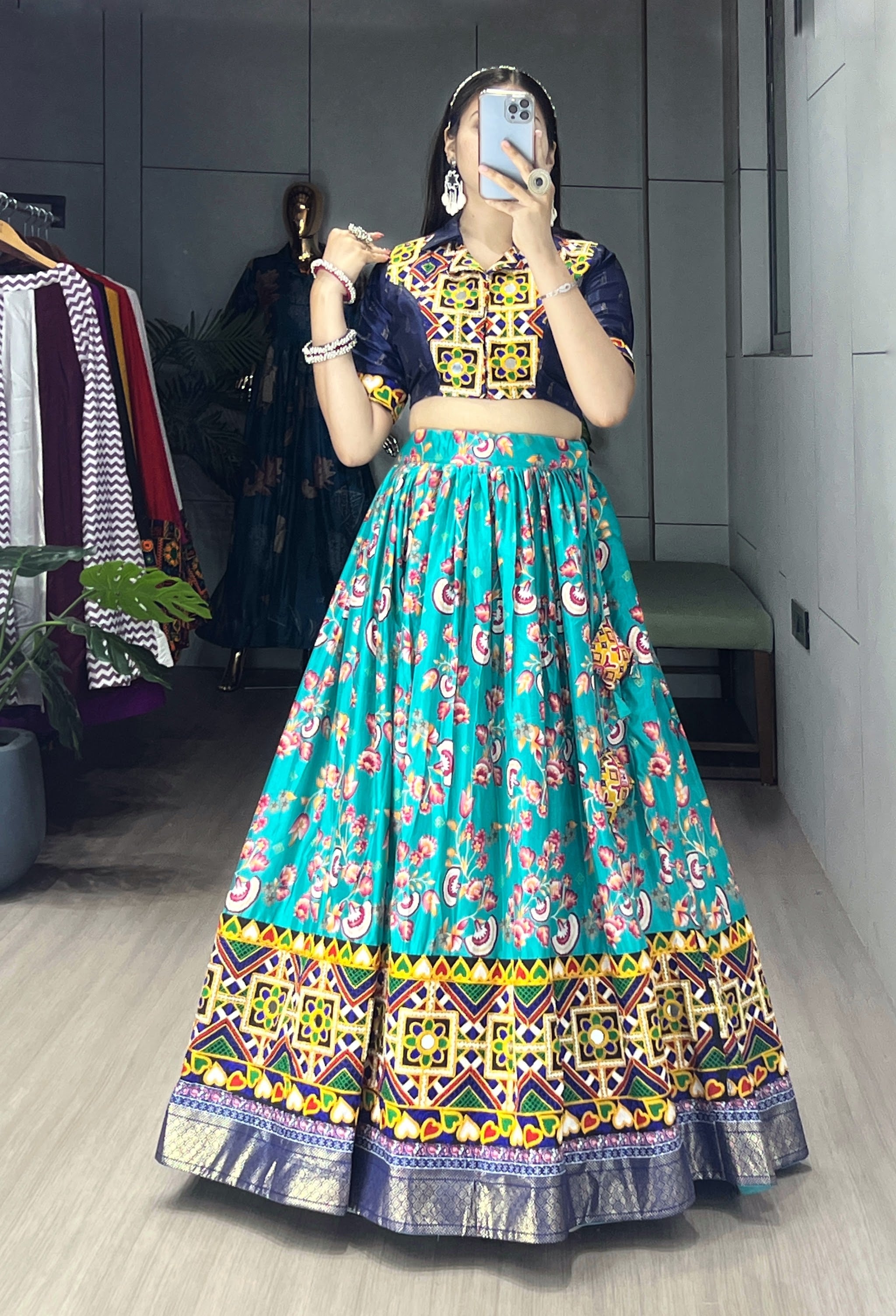 Navratri Firozi Floral Lehenga Set
