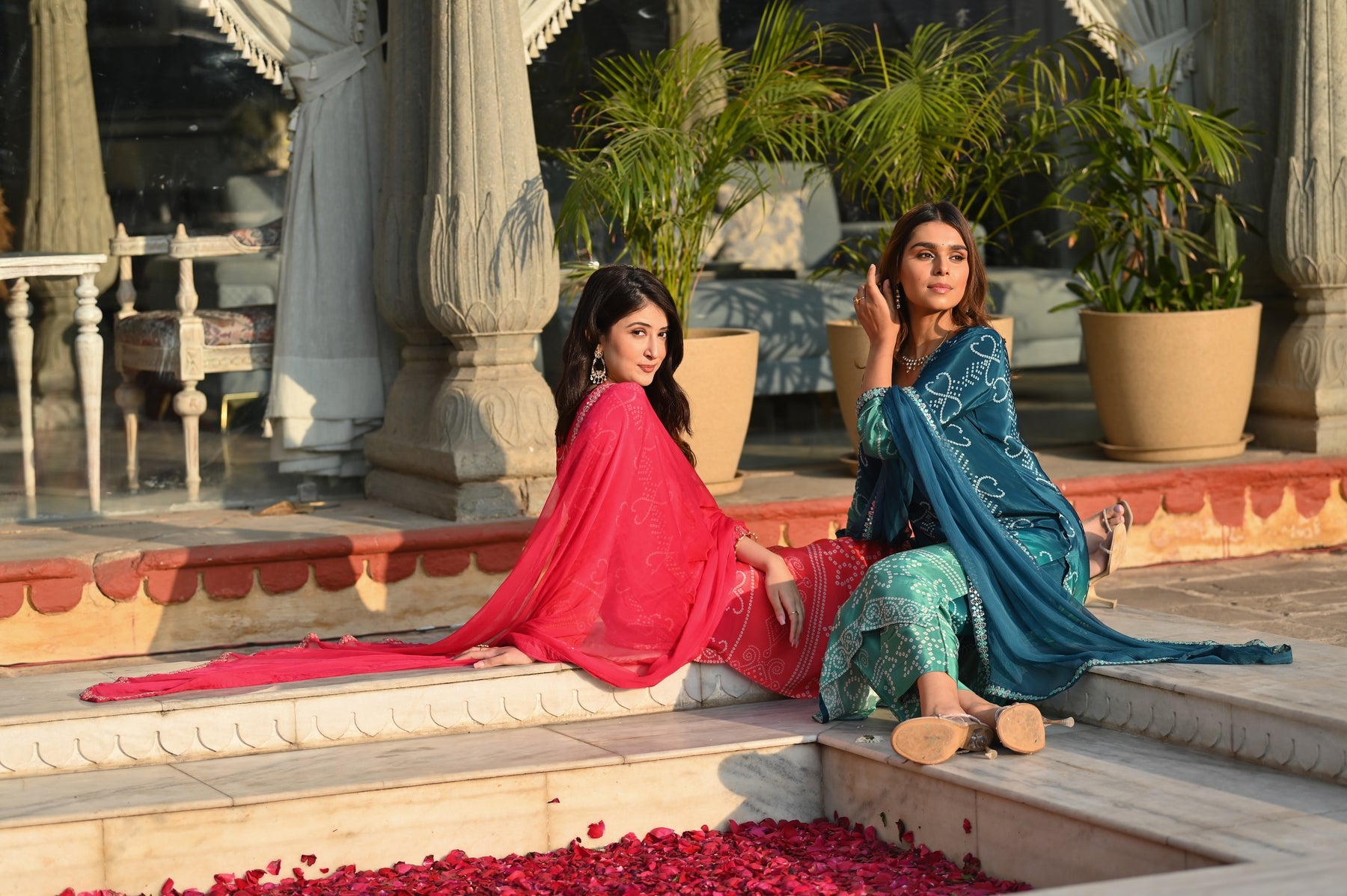 Chinon Silk Printed Kurta Pant Dupatta Set – Peach