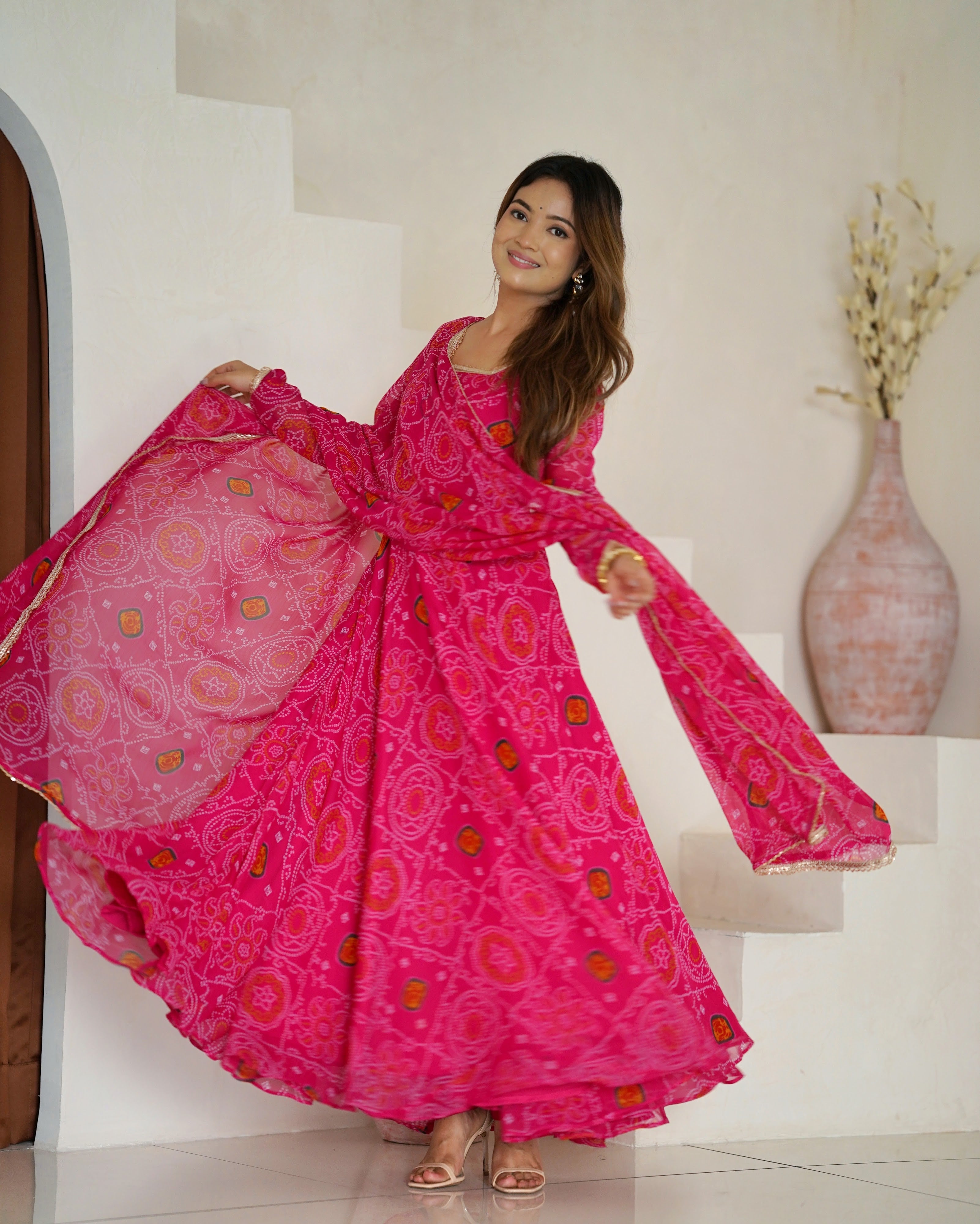 Soft Lightweight Chiffon Bandhej Fabric Inner Micro Cotton Embroidered Anarkali Set – Pink