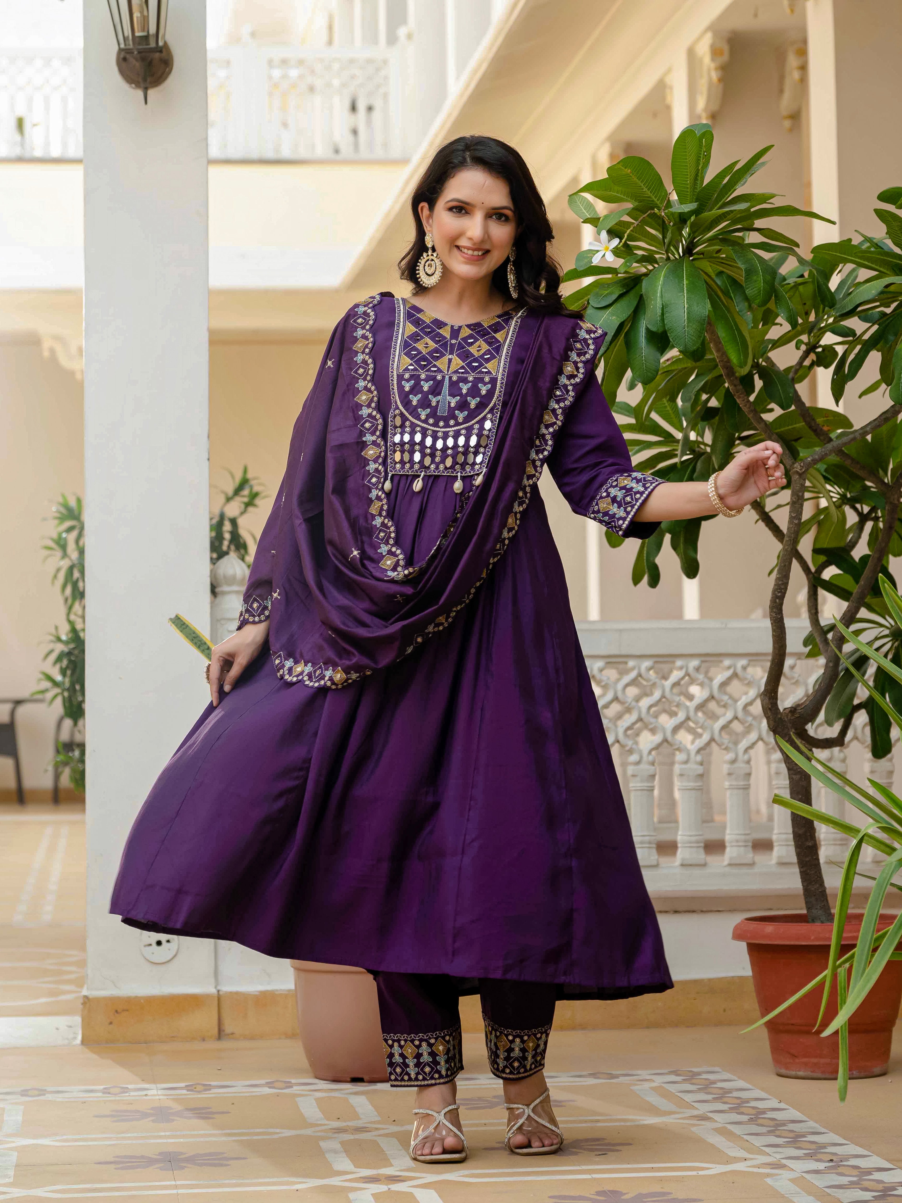 Viscose Roman Silk Embroidered Anarkali Kurti Set – Purple