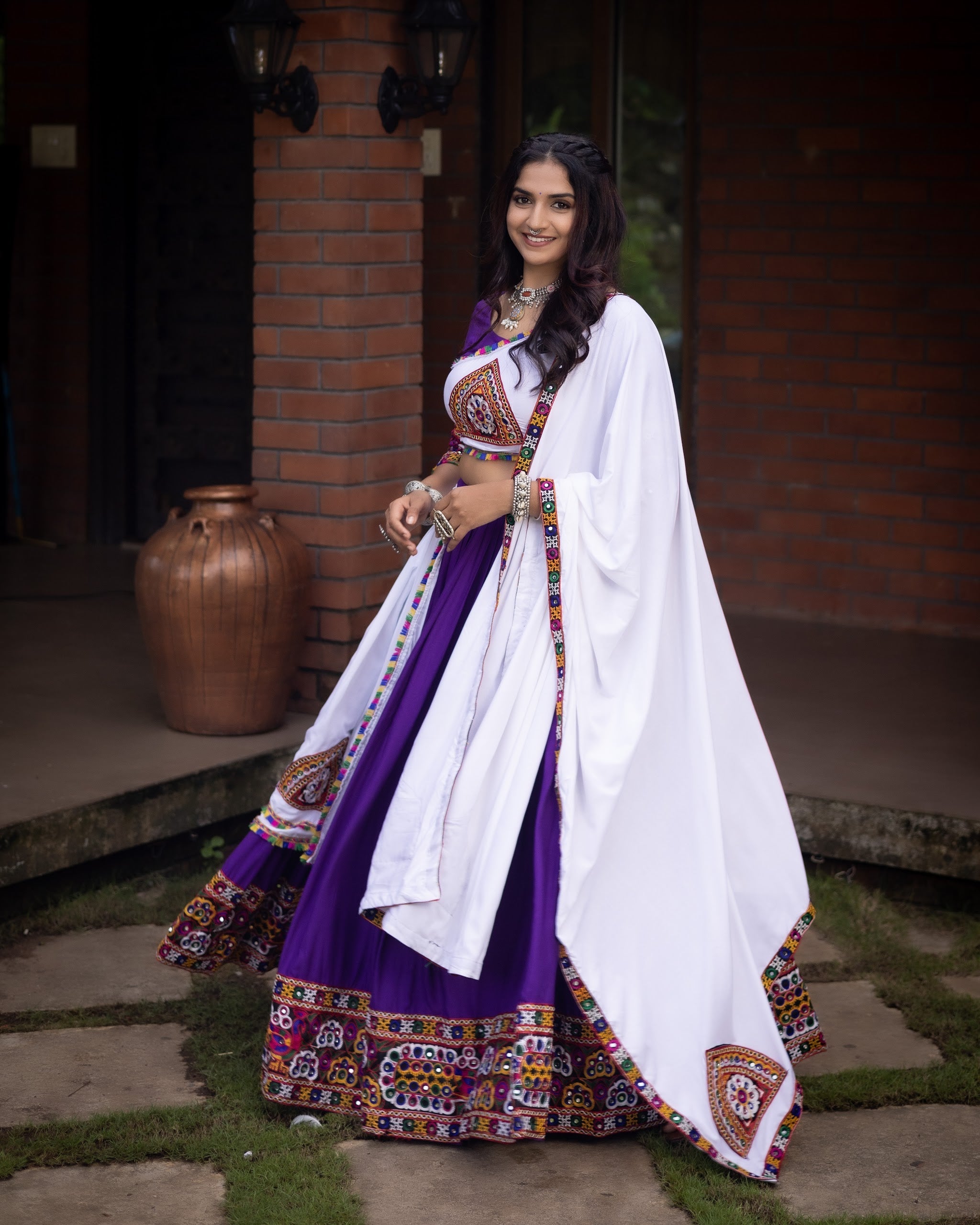 Navratri Purple White Arches Patch Work Lehenga Set