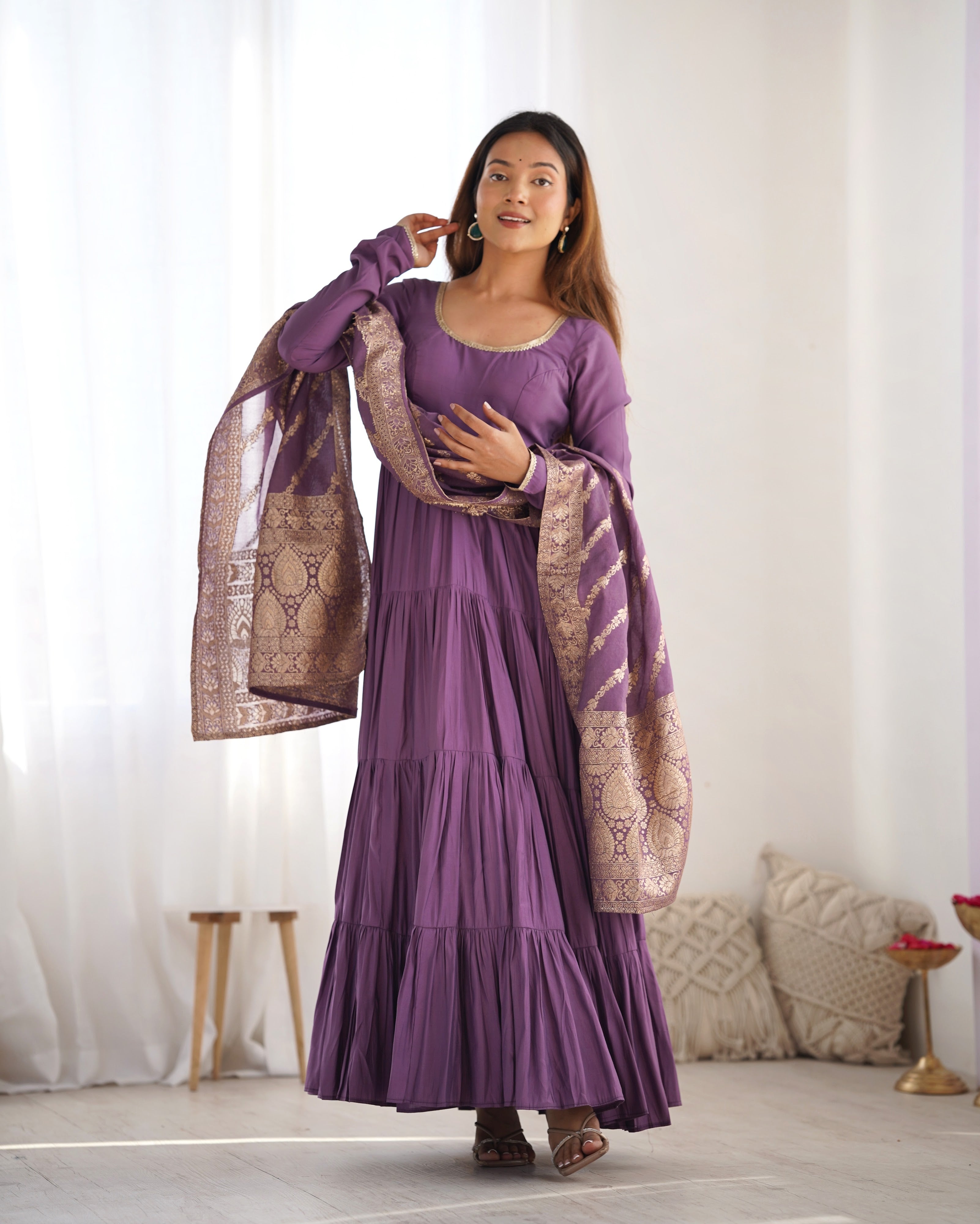 Roman Chanderi Silk Embroidered Anarkali Set – Purple