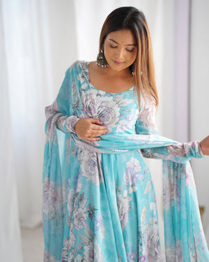Georgette Printed Gown Set – Sky Blue Floral