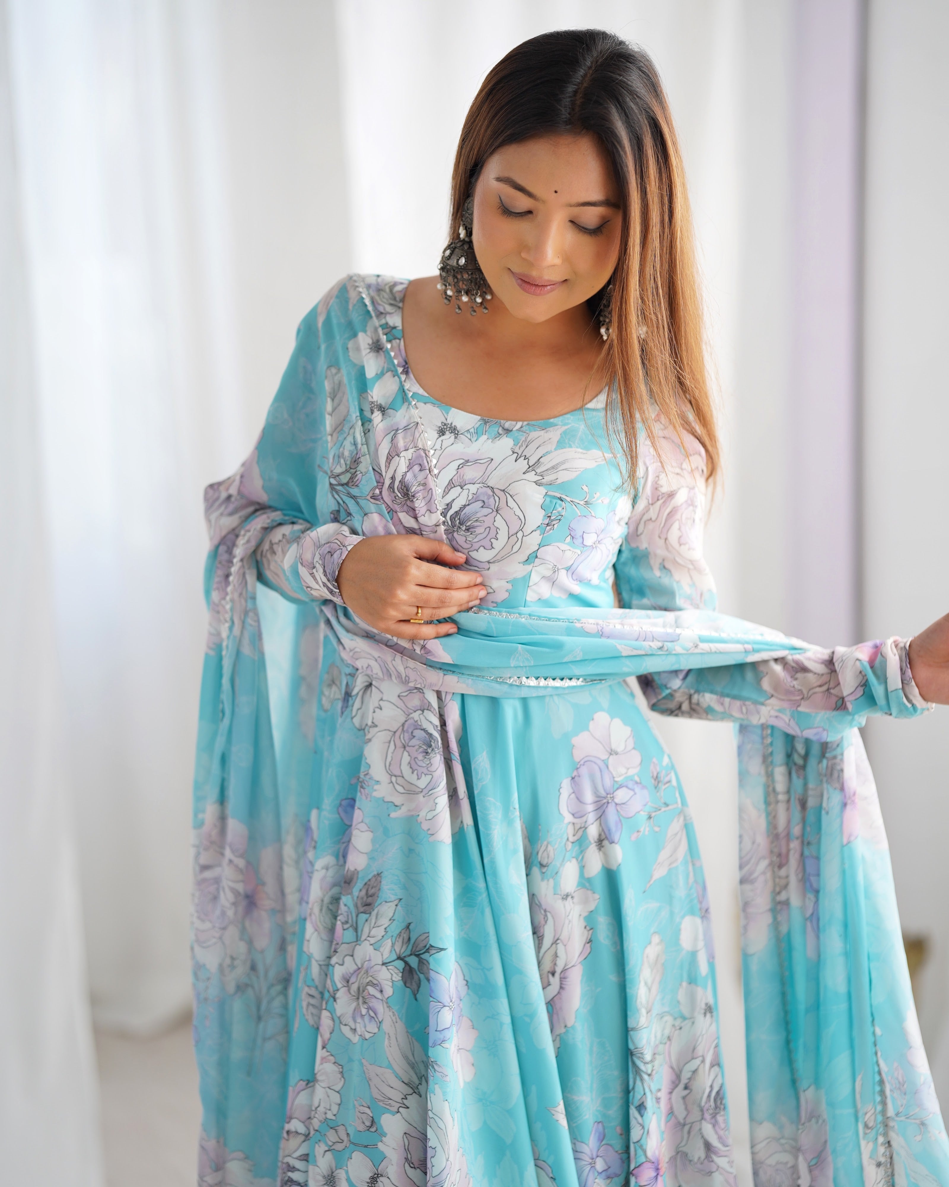 Georgette Printed Gown Set – Sky Blue Floral