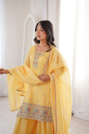 Crunchy Silk Embroidered Kurta-Sharara Set – Yellow