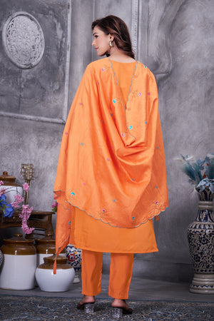 Roman Silk Embroidered Straight Kurti Set – Orange