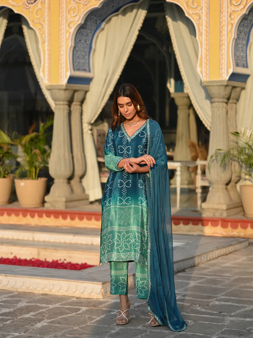 Chinon Silk Printed Kurta Pant Dupatta Set – Rama Green