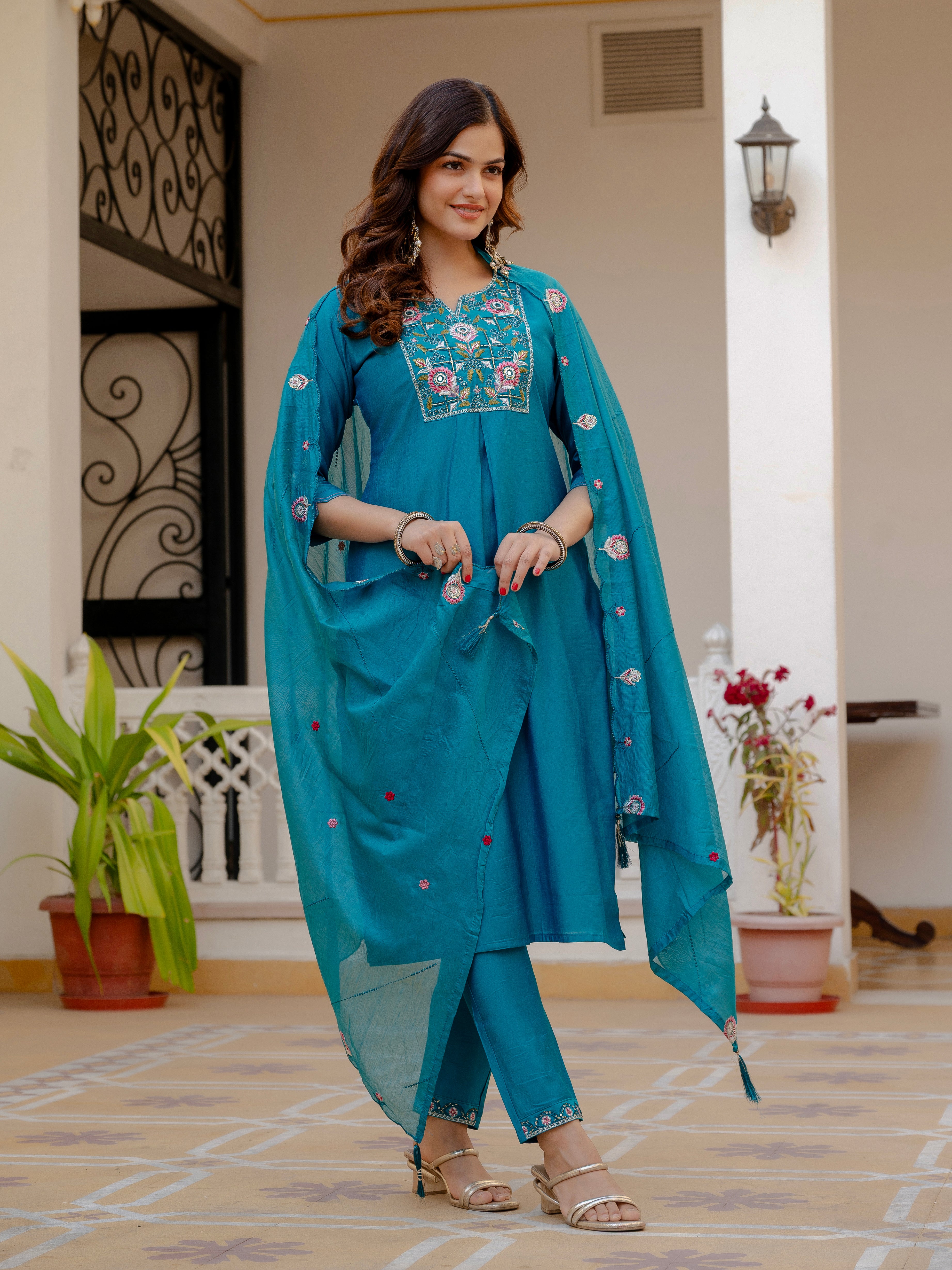 Pure Viscose Mango Silk Embroidered Straight Kurti Set – Firozi
