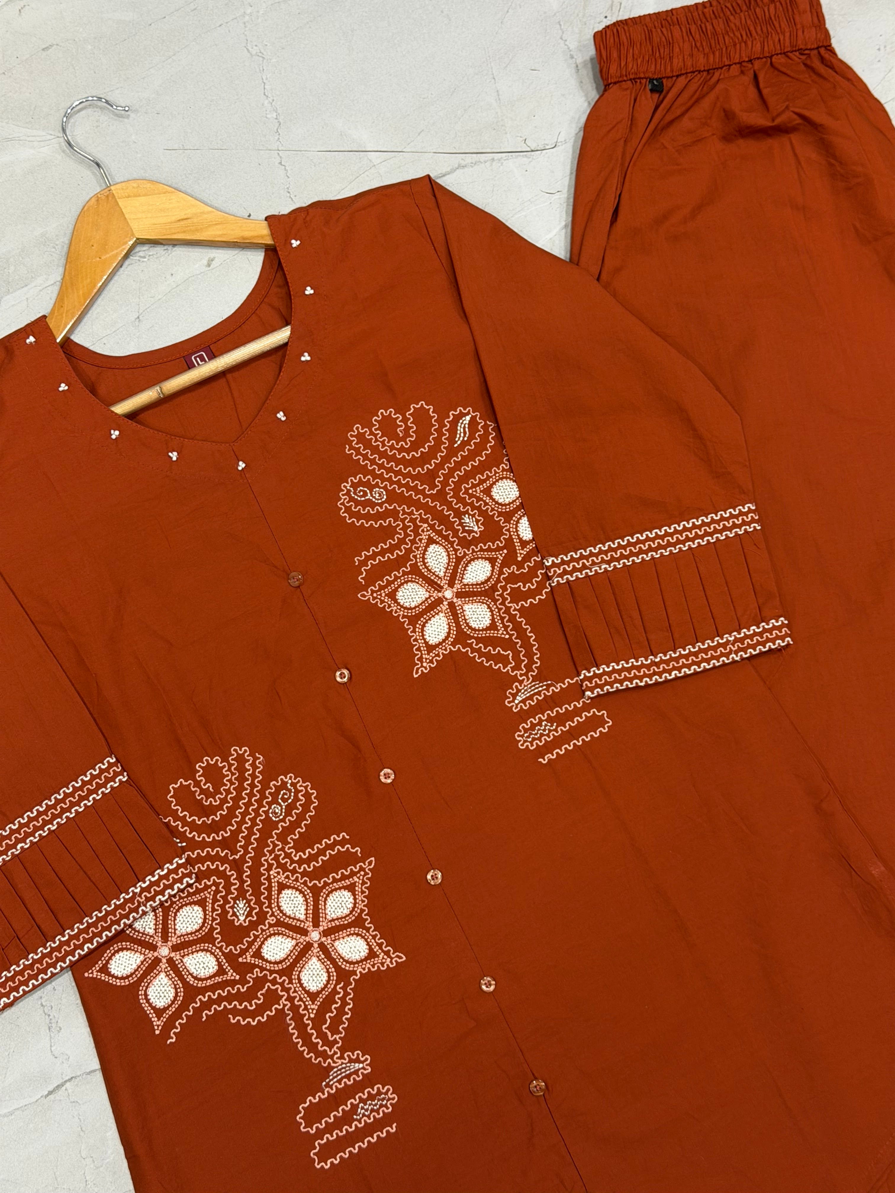 Pure Cotton Embroidered Co-Ords Set – Rust