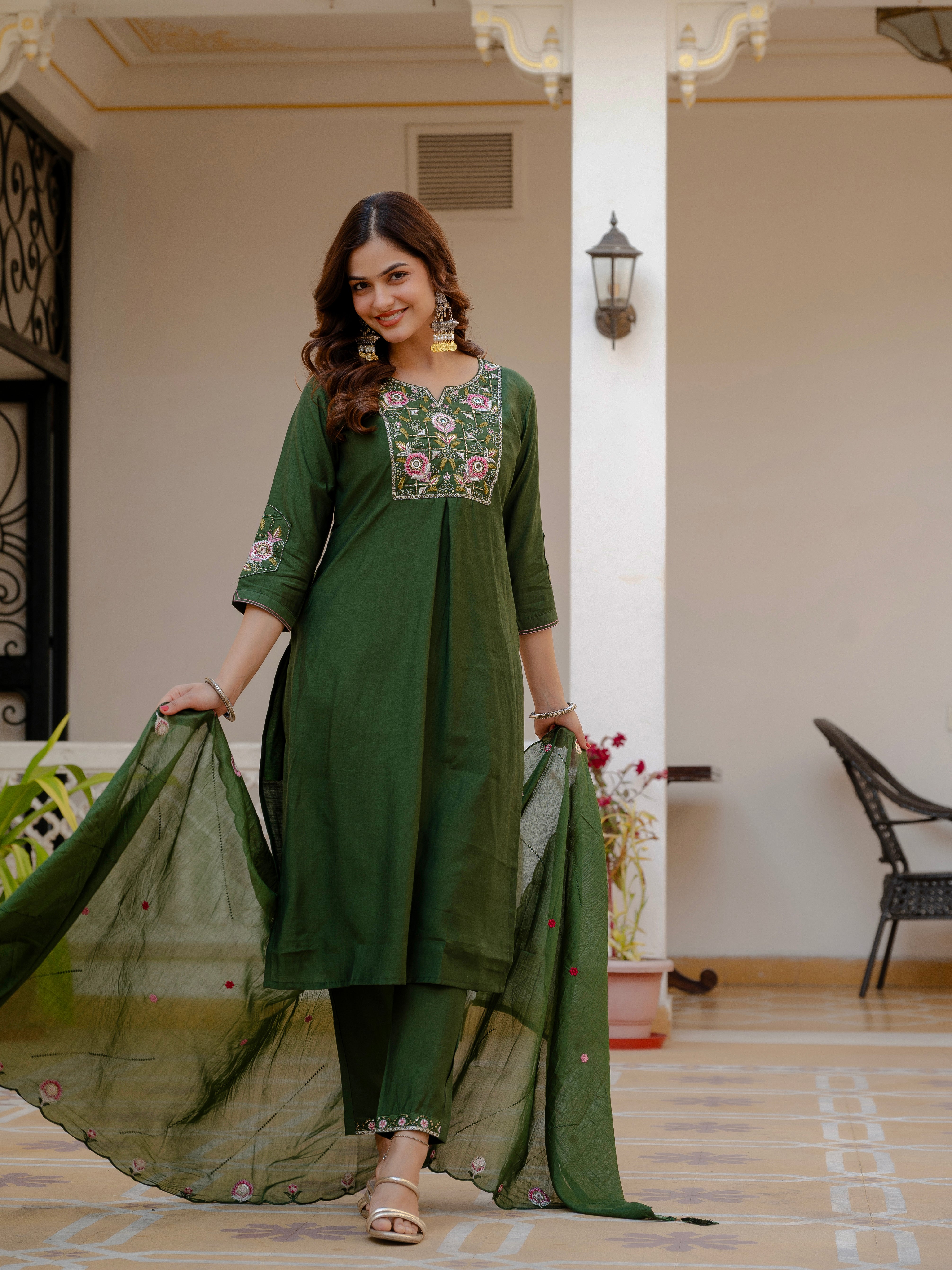 Pure Viscose Mango Silk Embroidered Straight Kurti Set – Green