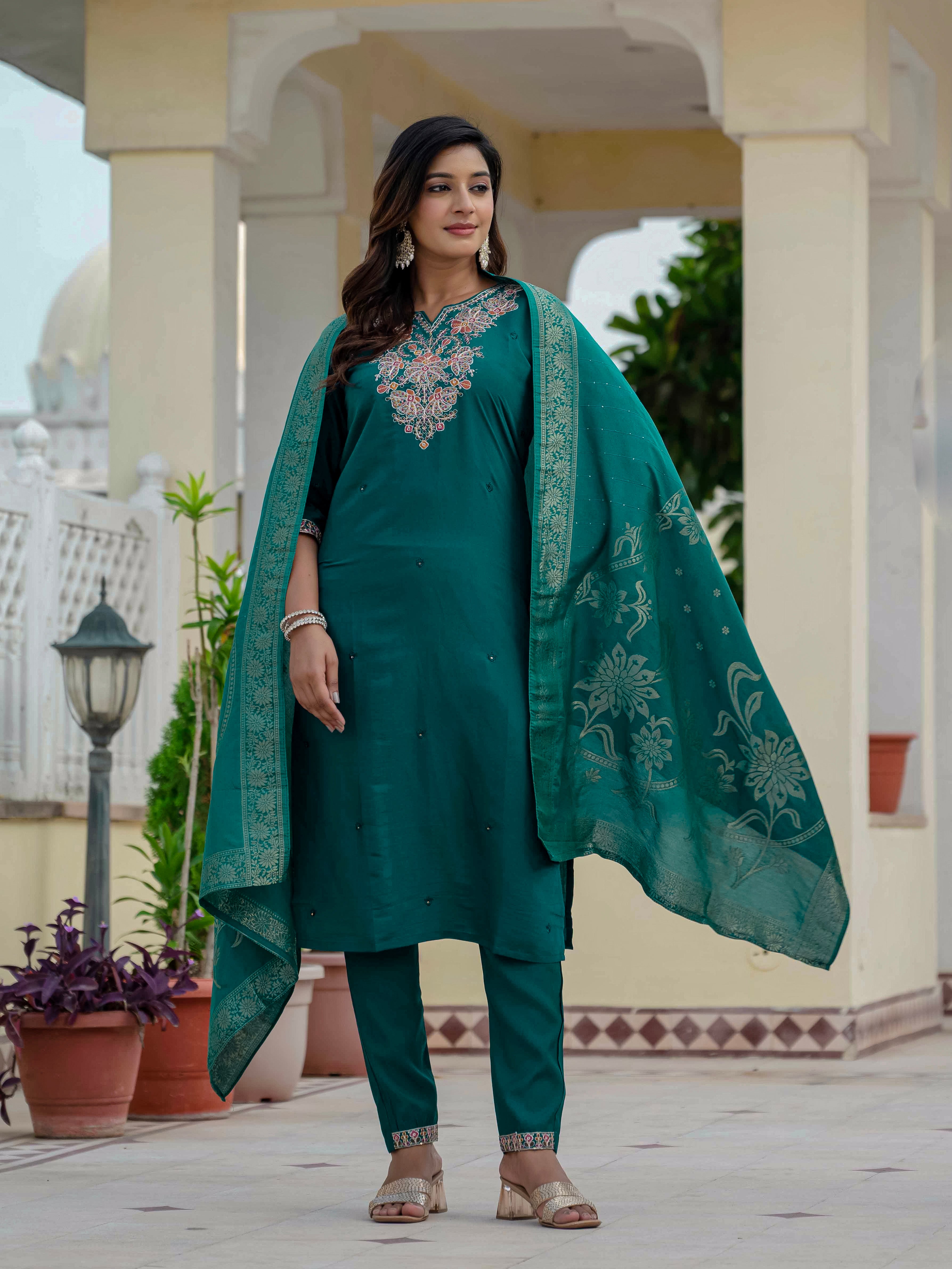 Premium Roman Silk Embroidered Straight Kurti Set – Rama Green