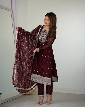 Rangoli Silk Embroidered Straight Kurta Set – Maroon
