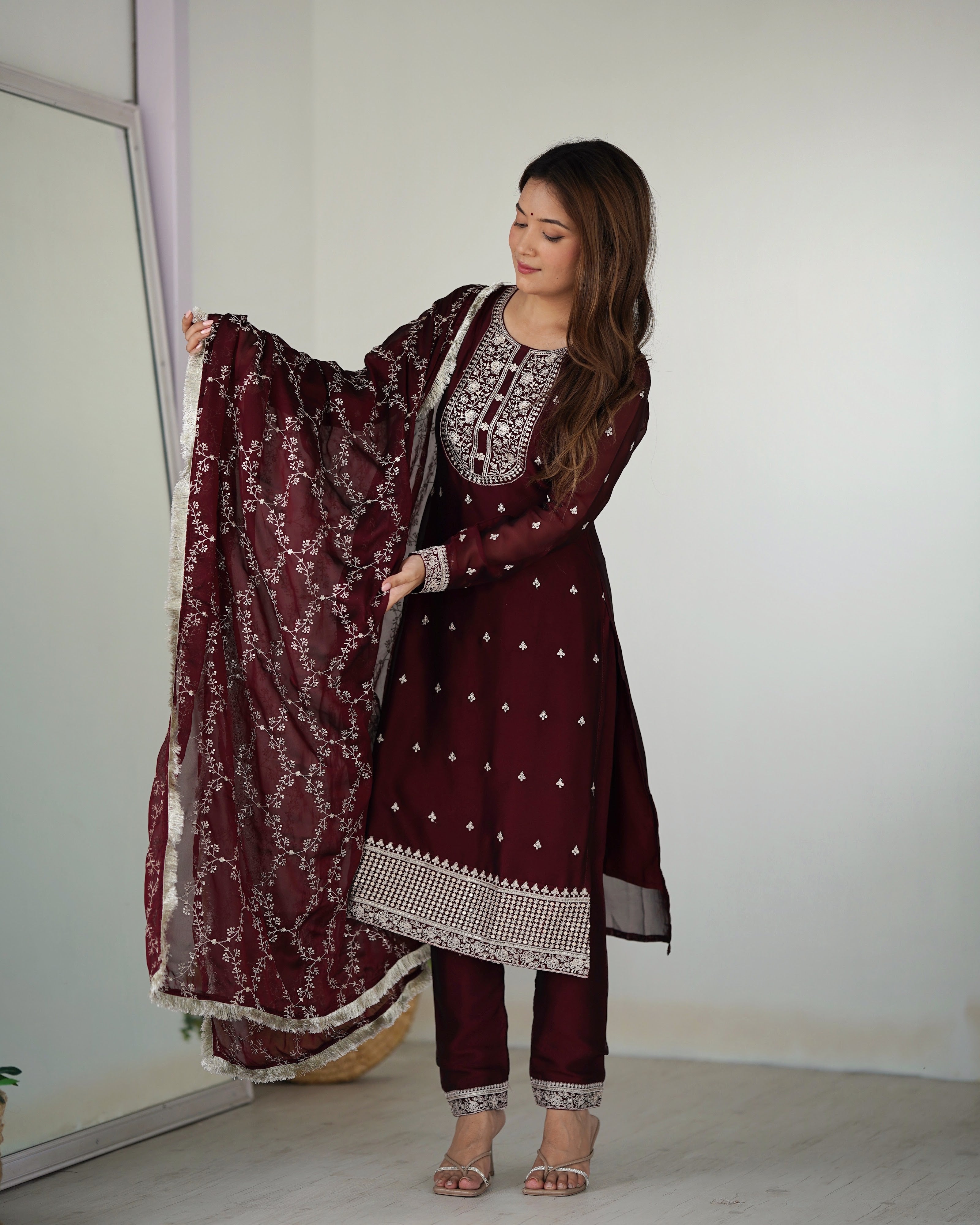 Rangoli Silk Embroidered Straight Kurta Set – Maroon