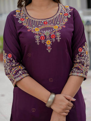Premium Roman Silk Embroidered Straight Kurti Set – Wine