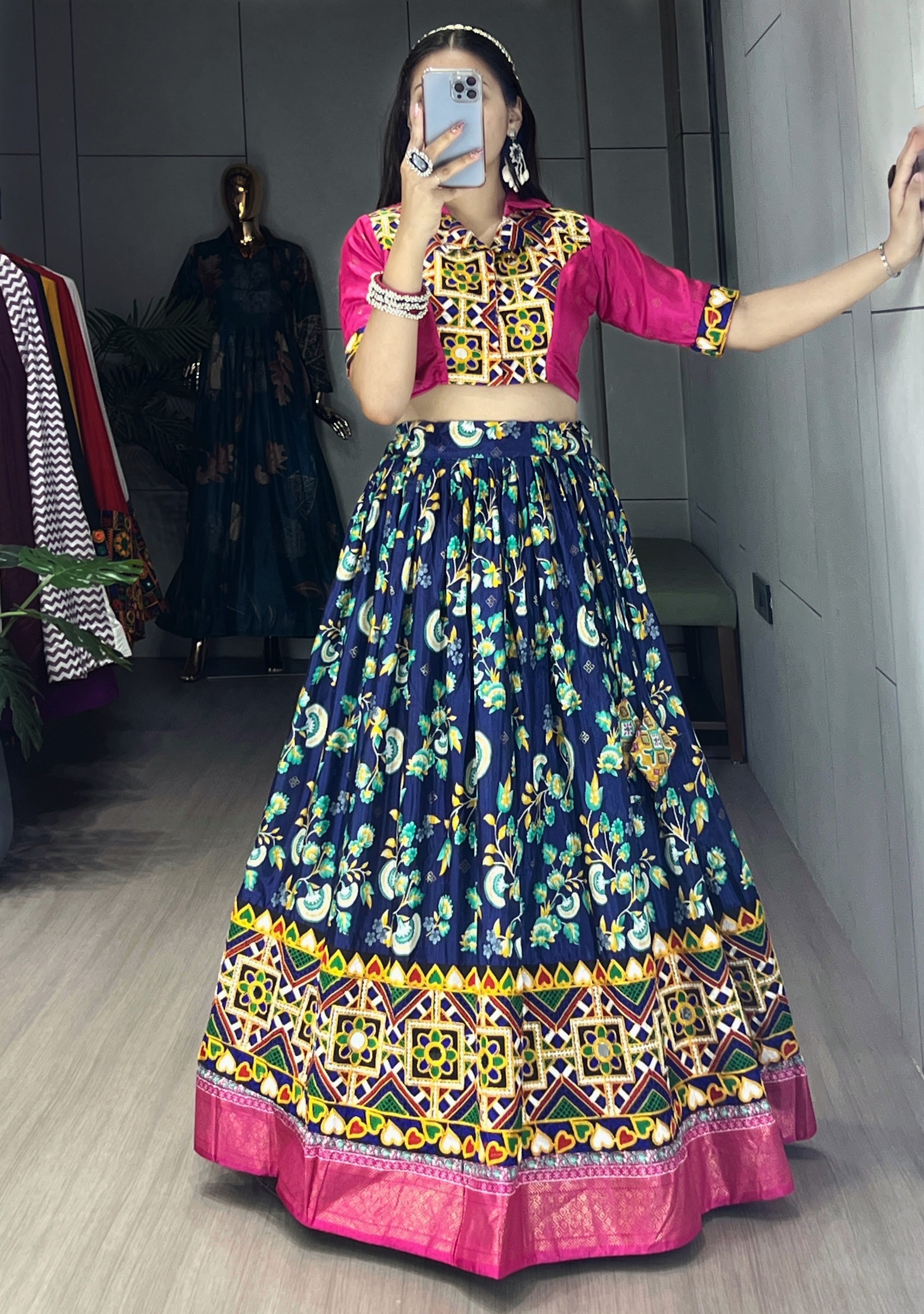 Navratri Navy Blue Floral Lehenga Set