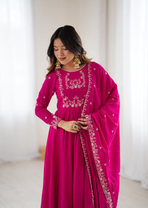 Roman Shimmer Silk Embroidered Anarkali Set – Rani Pink