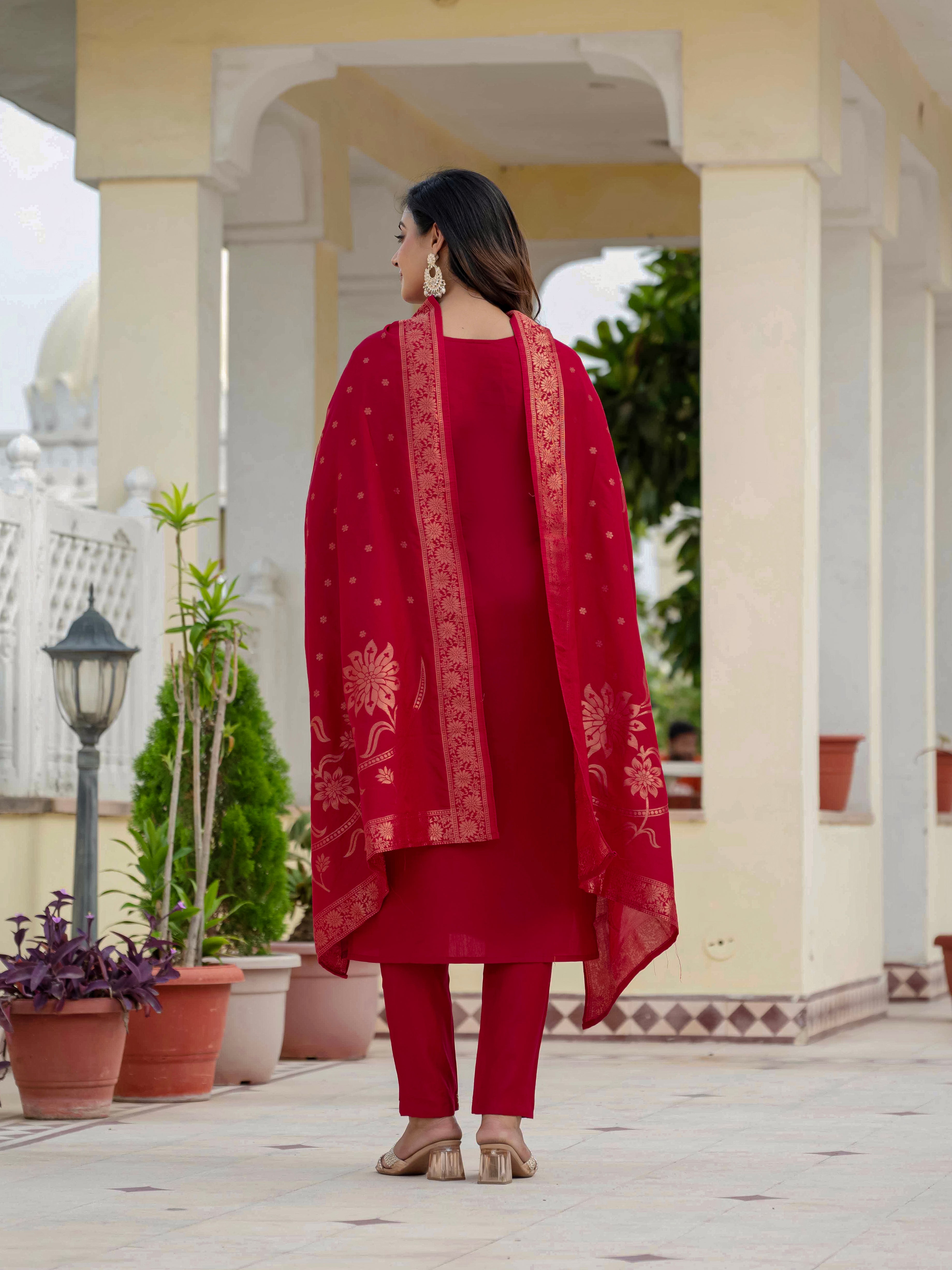 Premium Roman Silk Embroidered Straight Kurti Set – Maroon