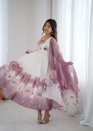 Organza Silk Printed Anarkali Set – Lilac Floral