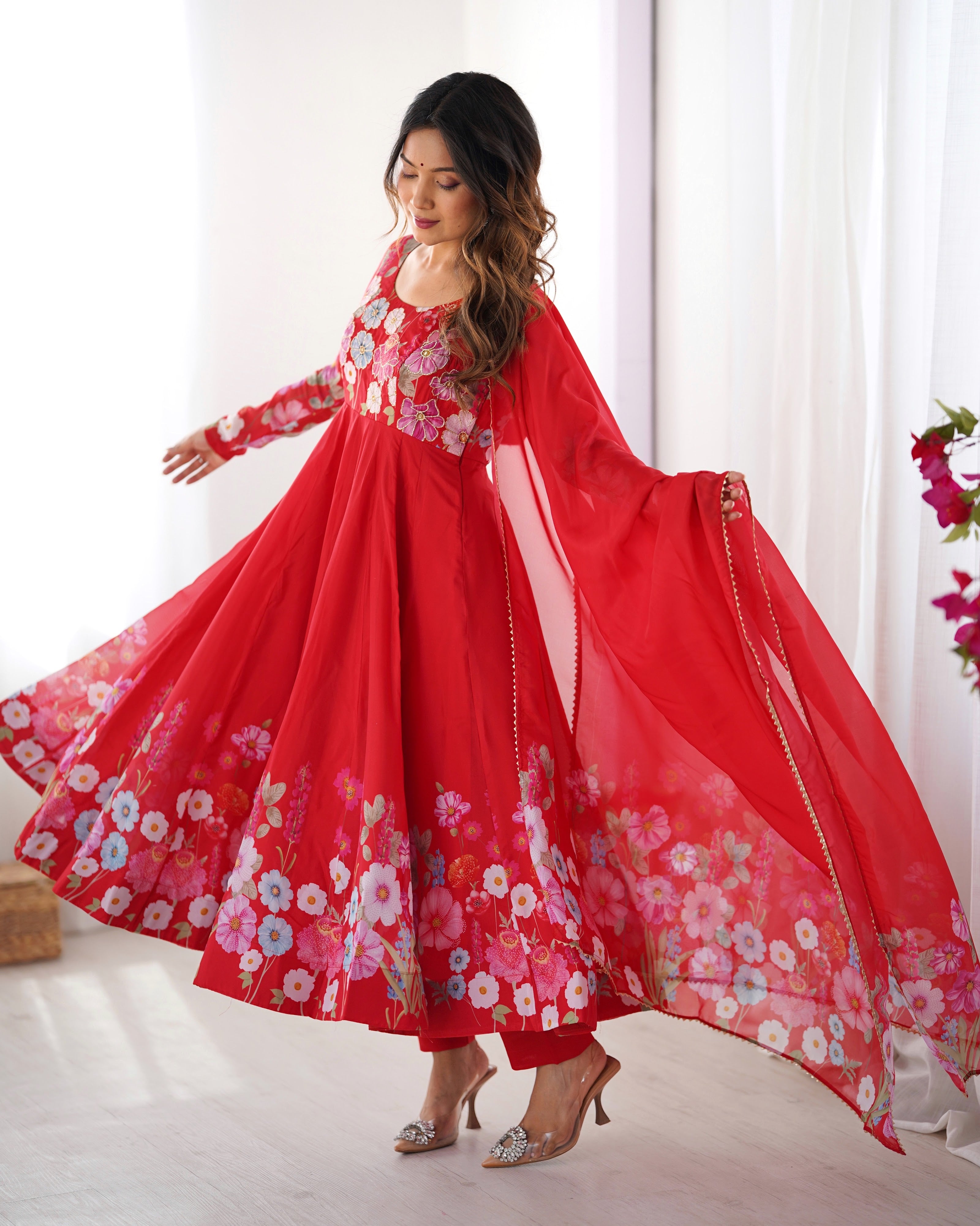 Organza Silk Printed Anarkali Set – Red
