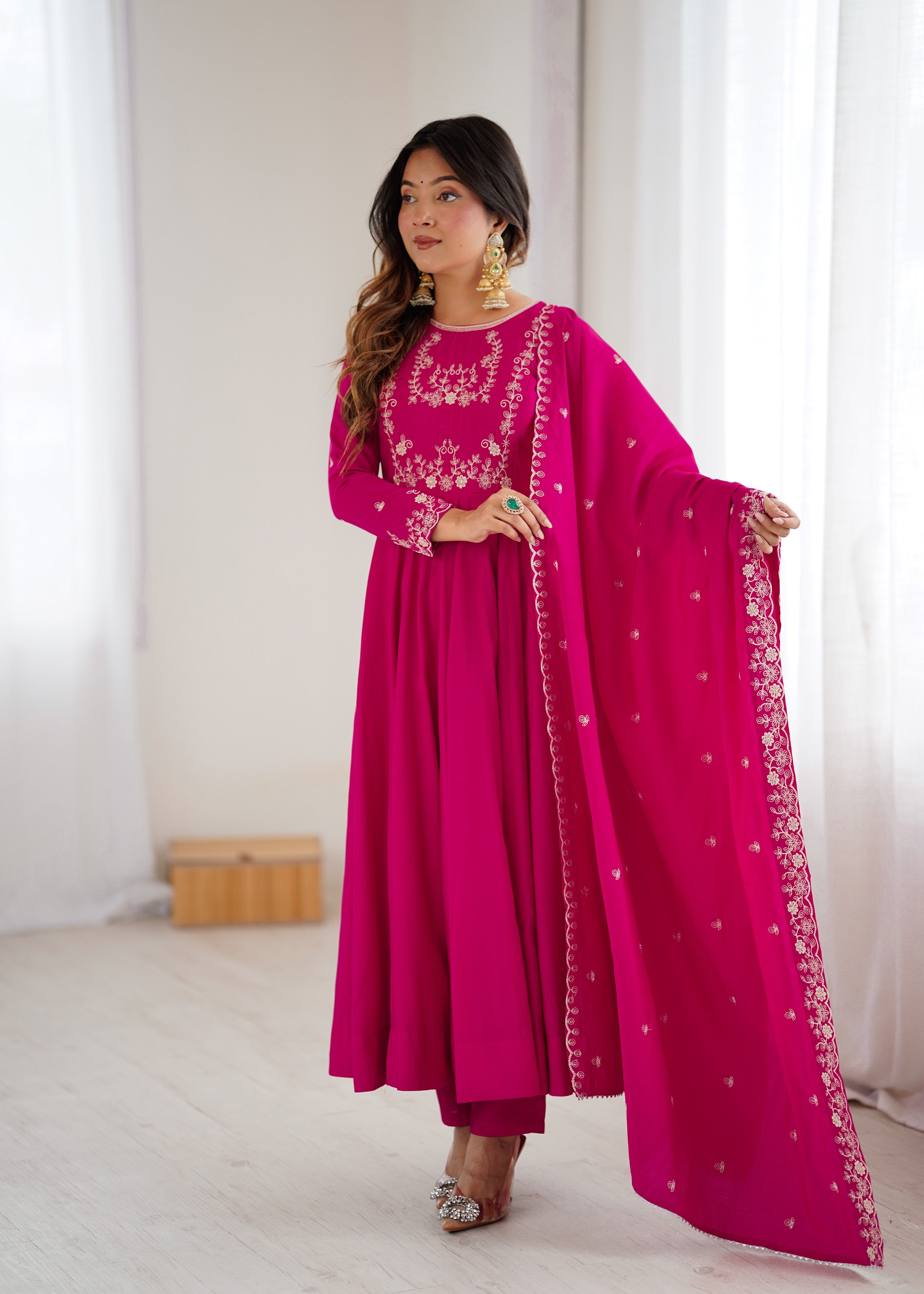 Roman Shimmer Silk Embroidered Anarkali Set – Rani Pink