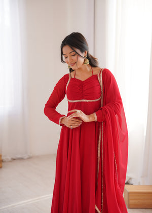 Georgette Embroidered Gown Set – Red