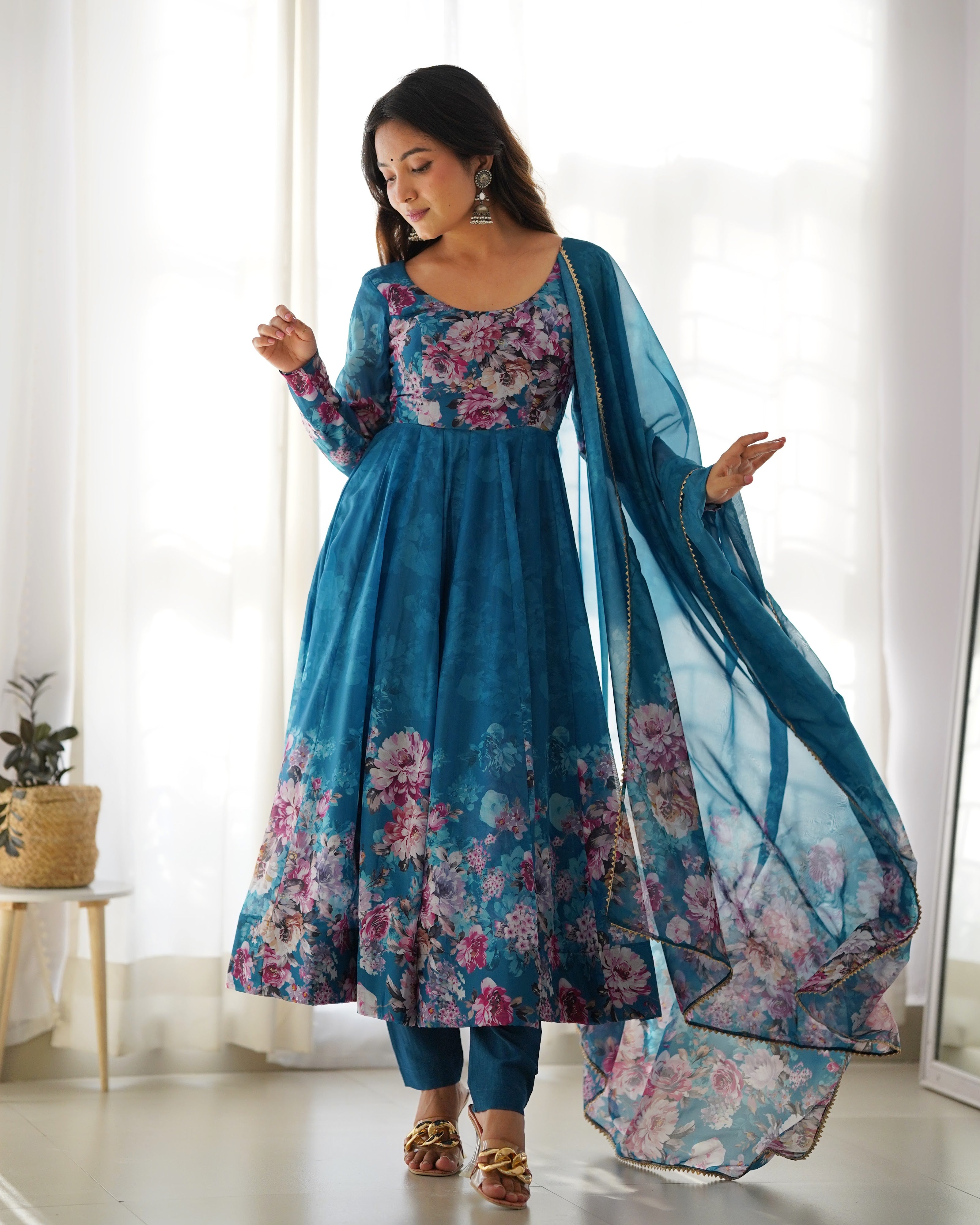 Organza Silk Printed Anarkali Set – Blue