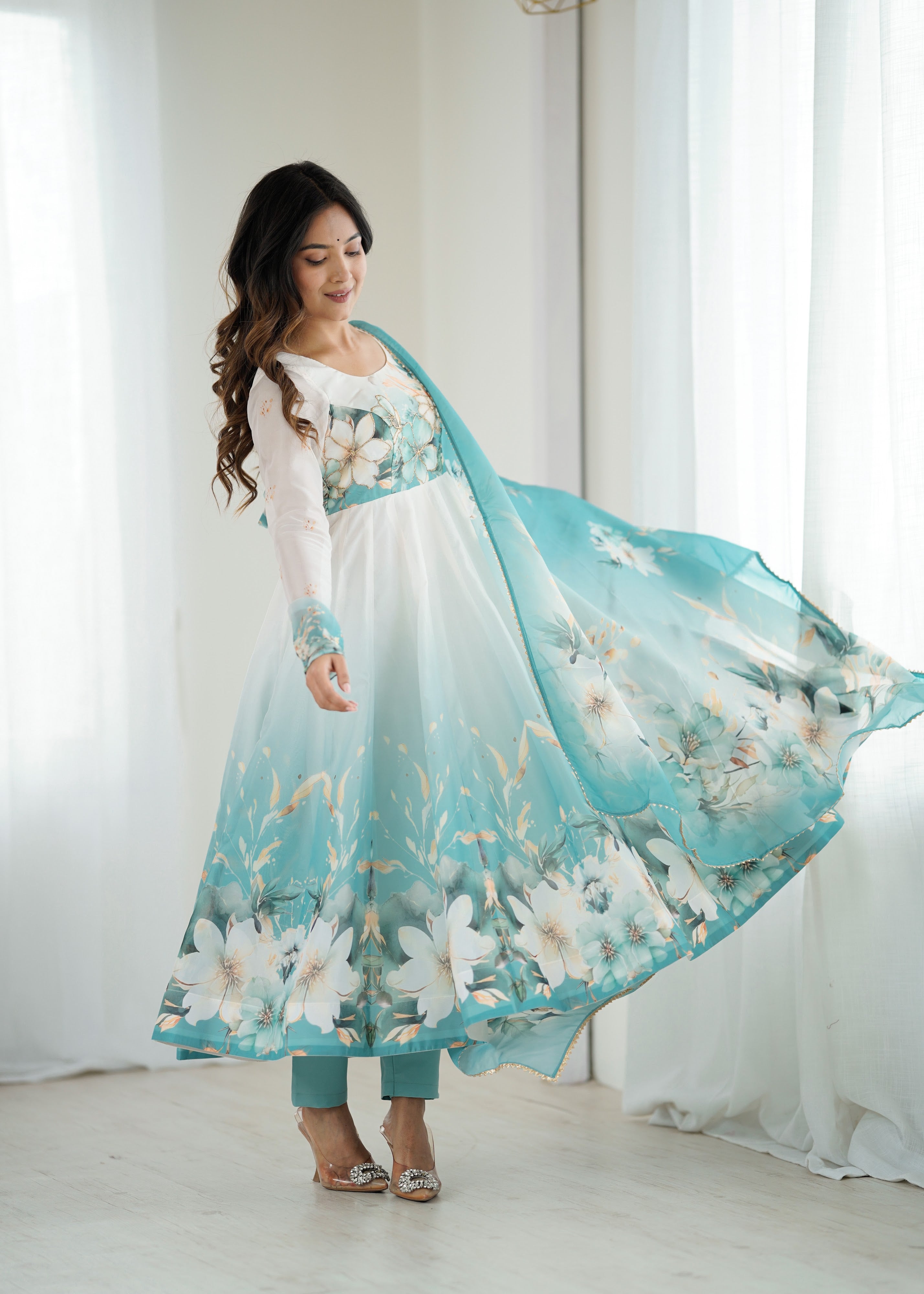 Organza Silk Printed Anarkali Set – Aqua Blue