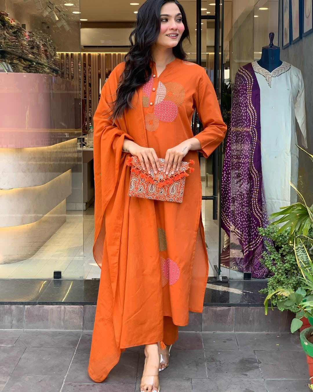 Rayon Slub Embroidered Kurta Pant Dupatta Set – Orange