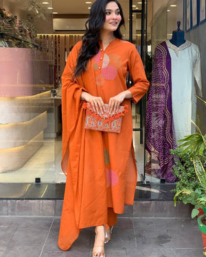 Rayon Slub Embroidered Kurta Pant Dupatta Set – Orange