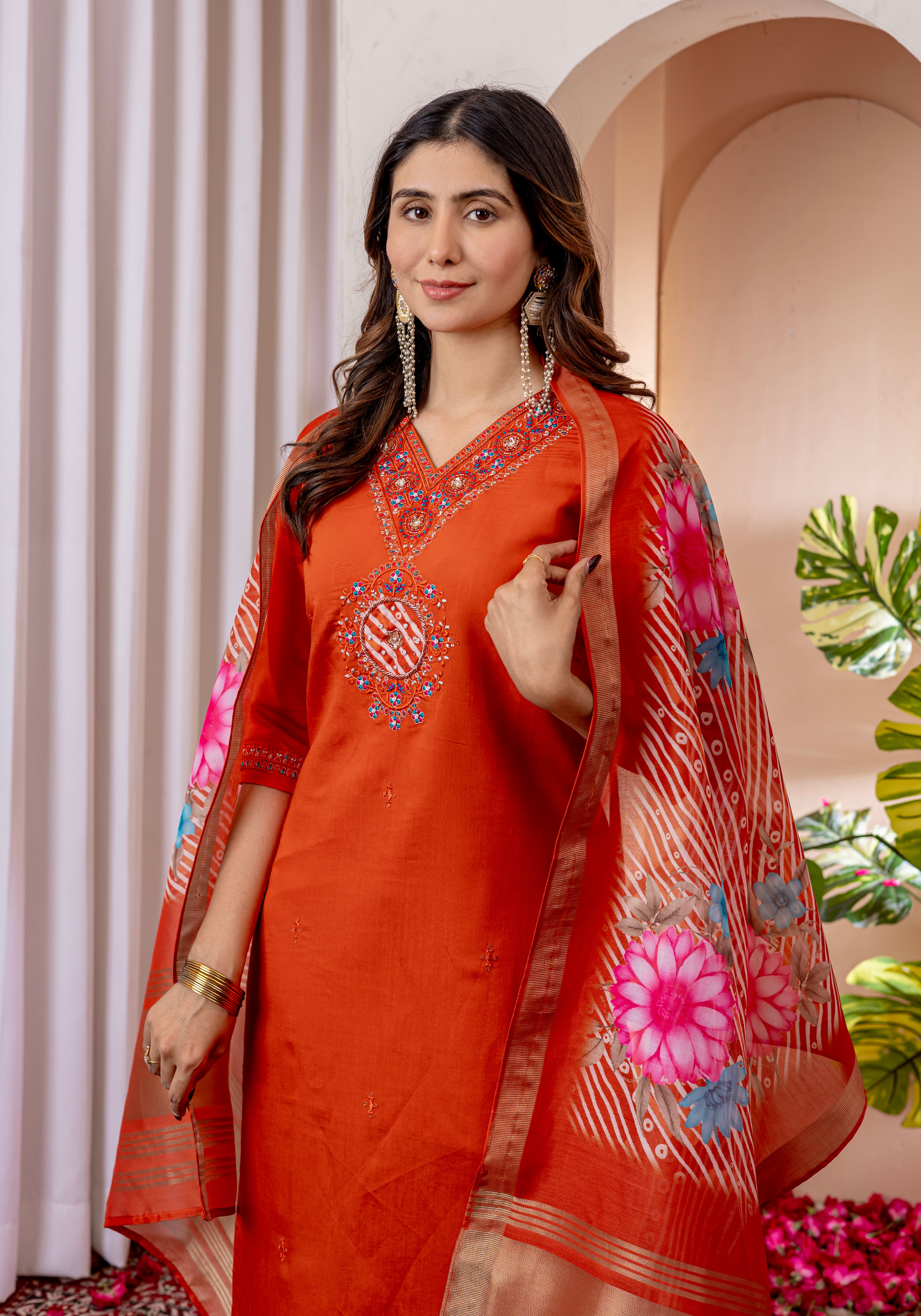 Marina Viscose Silk Embroidered Straight Kurti Set – Orange