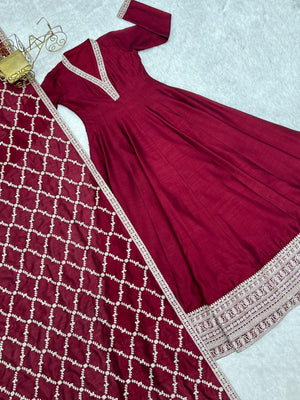 Vichitra Silk Embroidered Gown Set – Maroon
