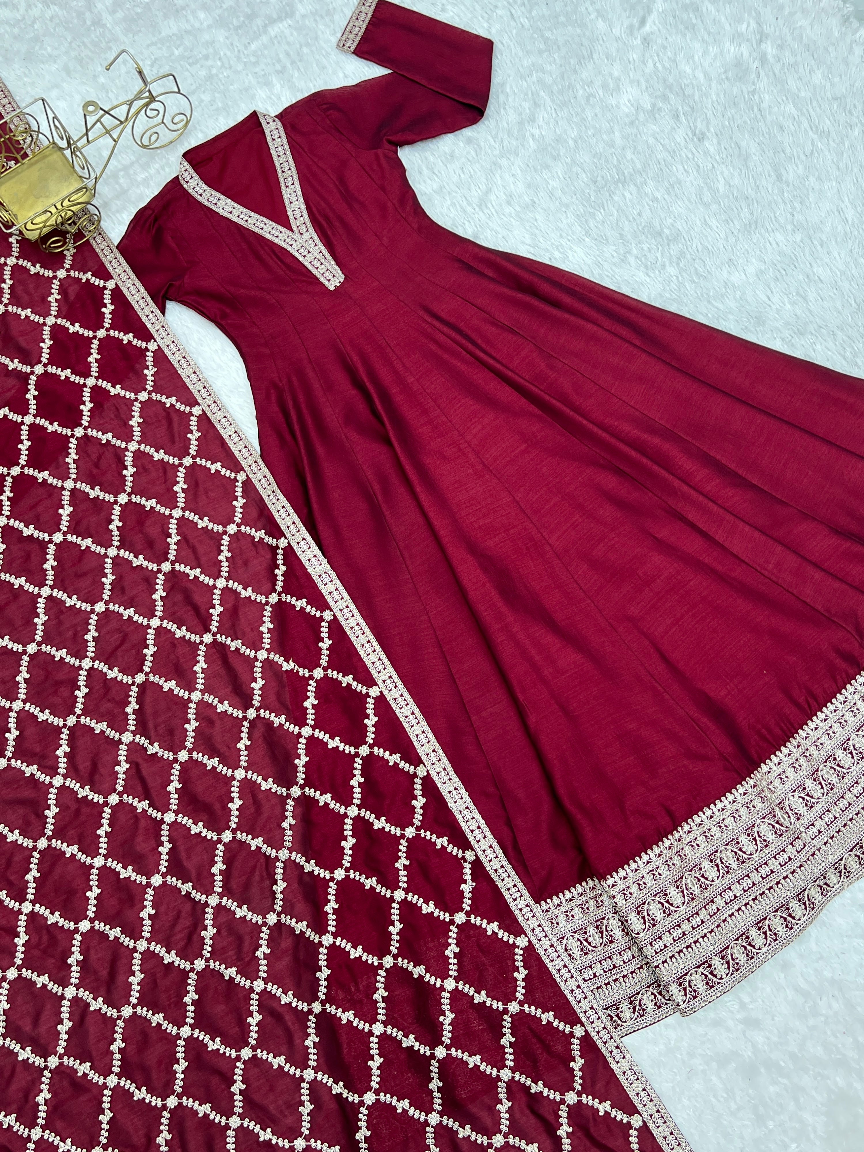 Vichitra Silk Embroidered Gown Set – Maroon