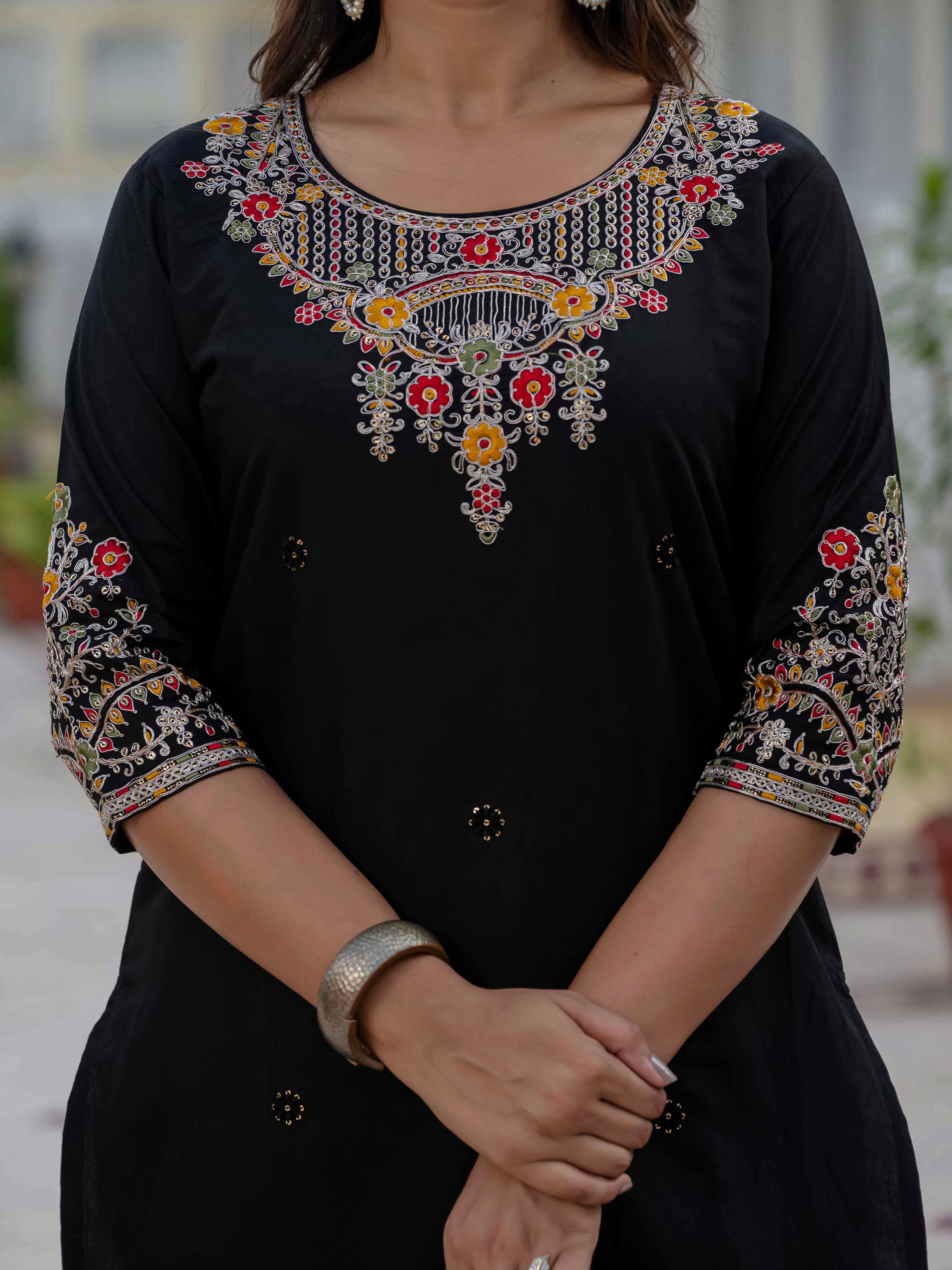 Premium Roman Silk Embroidered Straight Kurti Set – Black