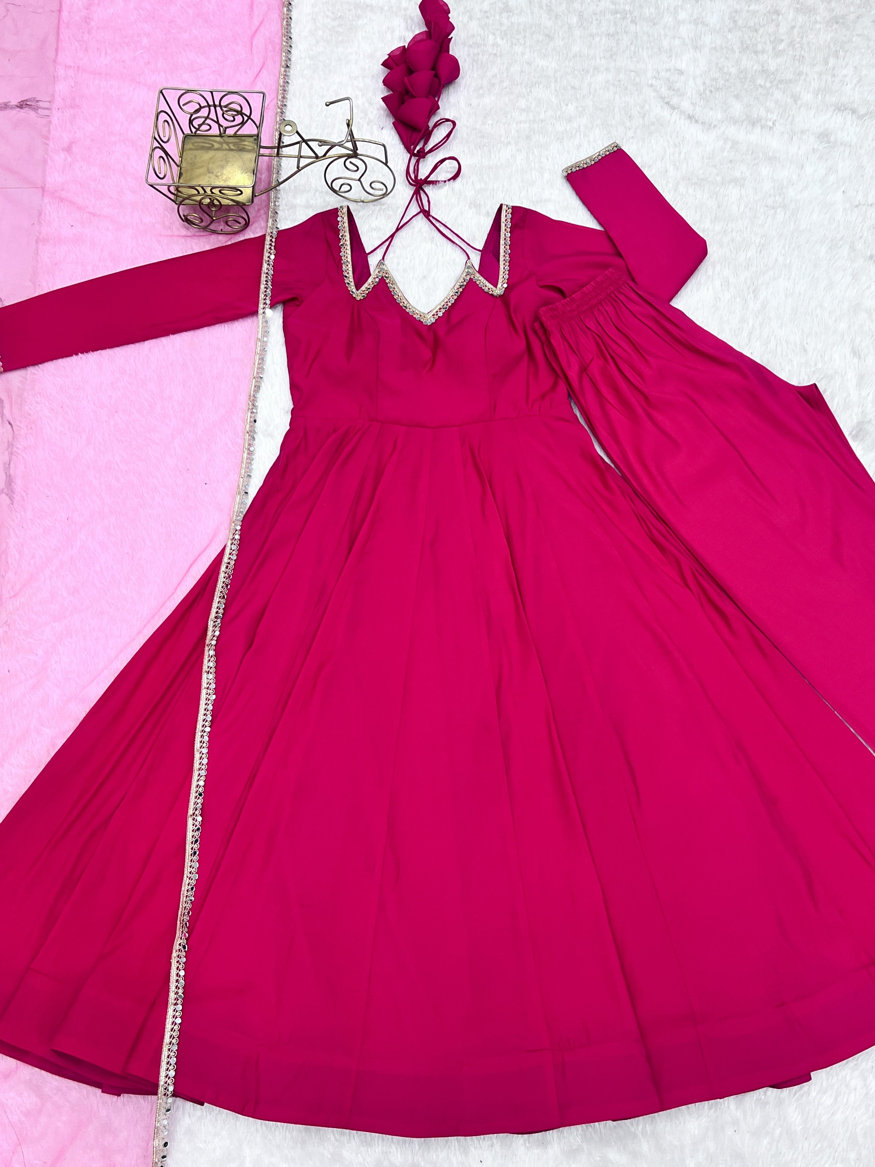 Roman Chanderi Silk Embroidered Anarkali Set – Dark Pink