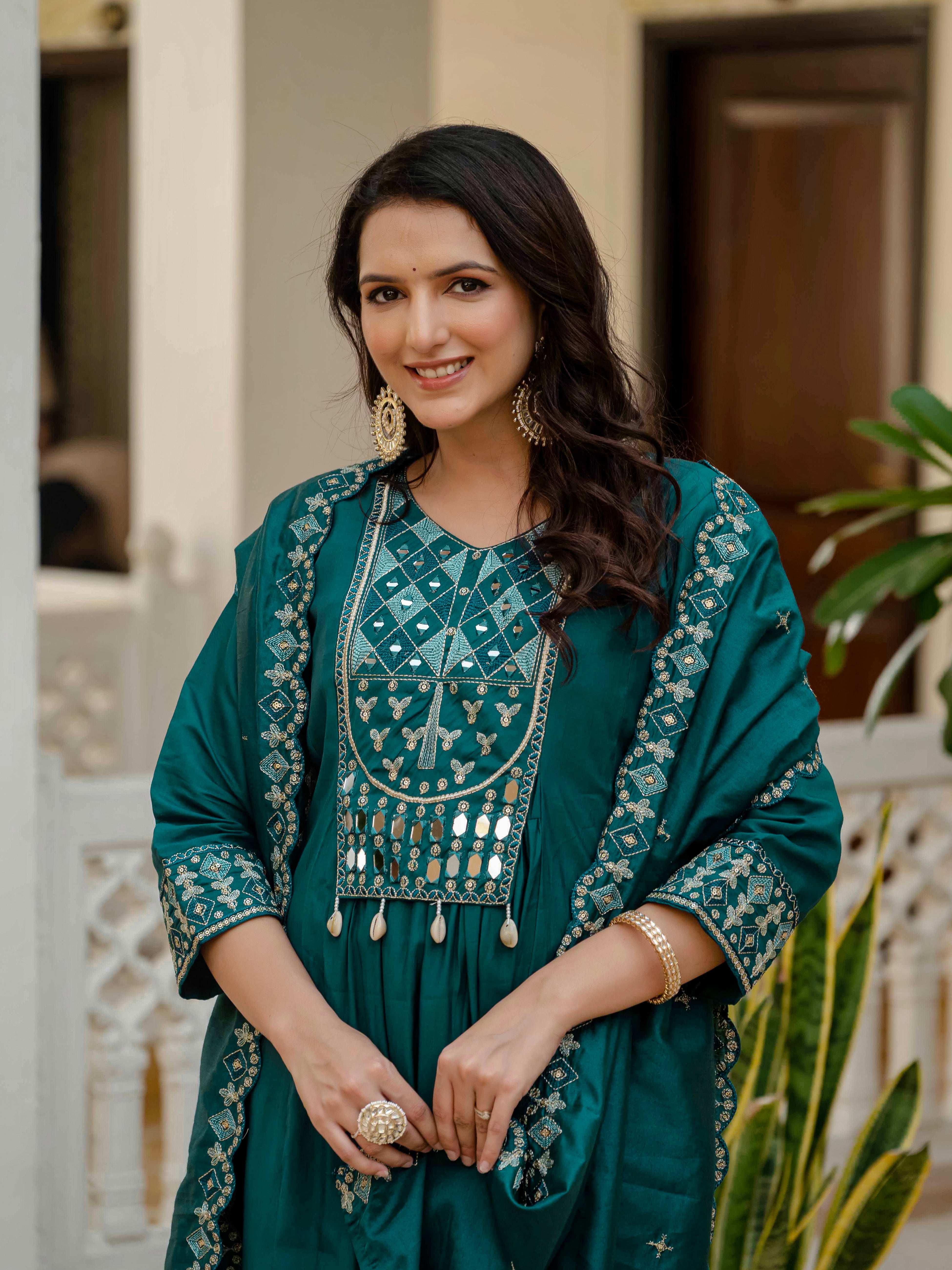 Viscose Roman Silk Embroidered Anarkali Kurti Set – Teal