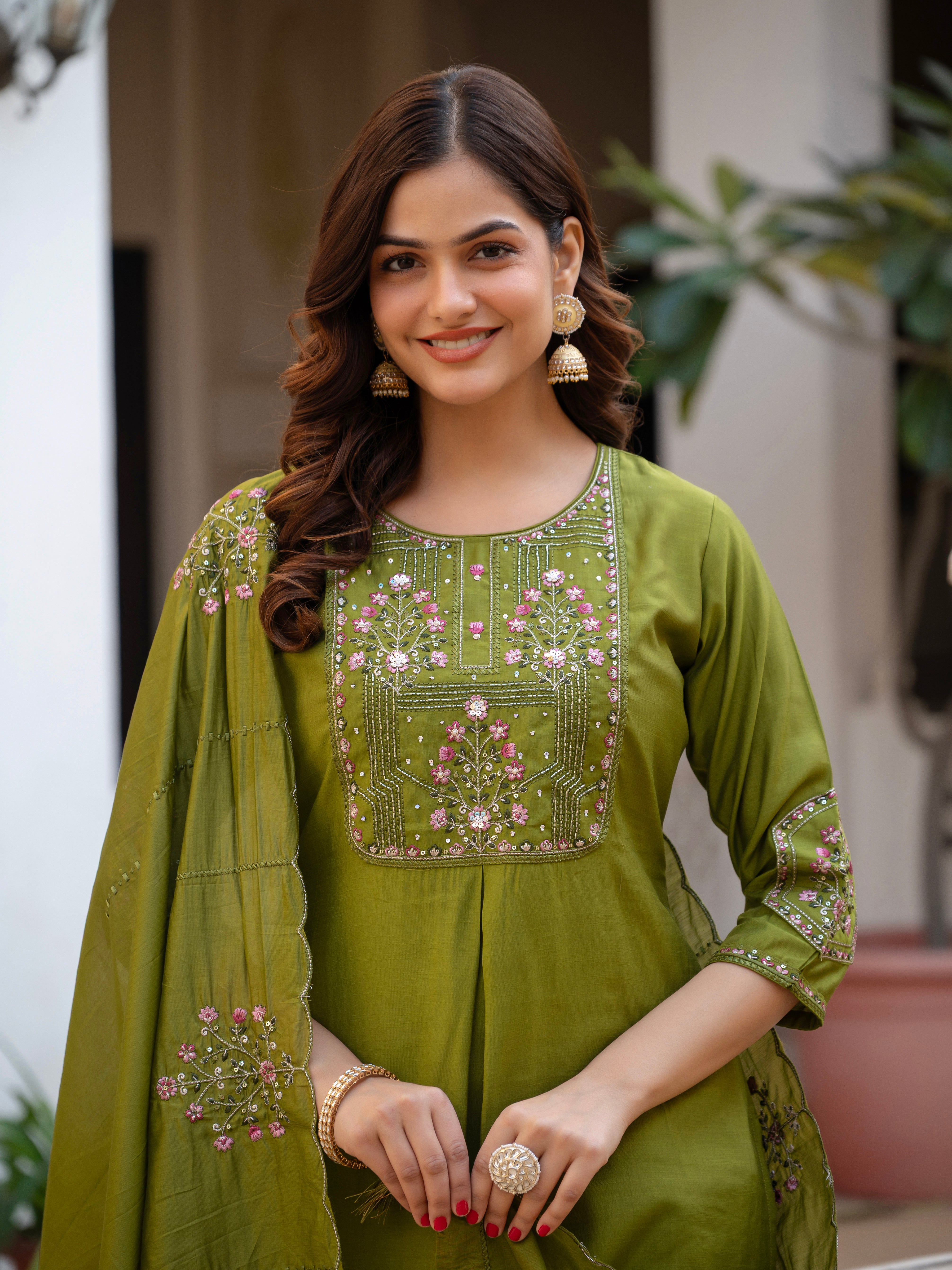 Pure Viscose Mango Silk Embroidered Straight Kurti Set – Mhendi Green