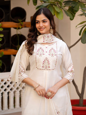 Pure Viscose Mango Silk Embroidered Straight Kurti Set – White