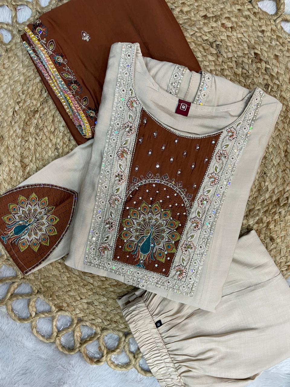 Roman Silk Embroidered Anarkali Kurti Set – Cream