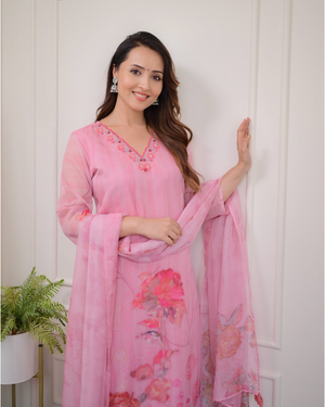 Organza Embroidered Kurta Pant Dupatta Set – Pink