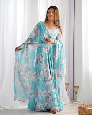 Georgette Printed Gown Set – Sky Blue Floral