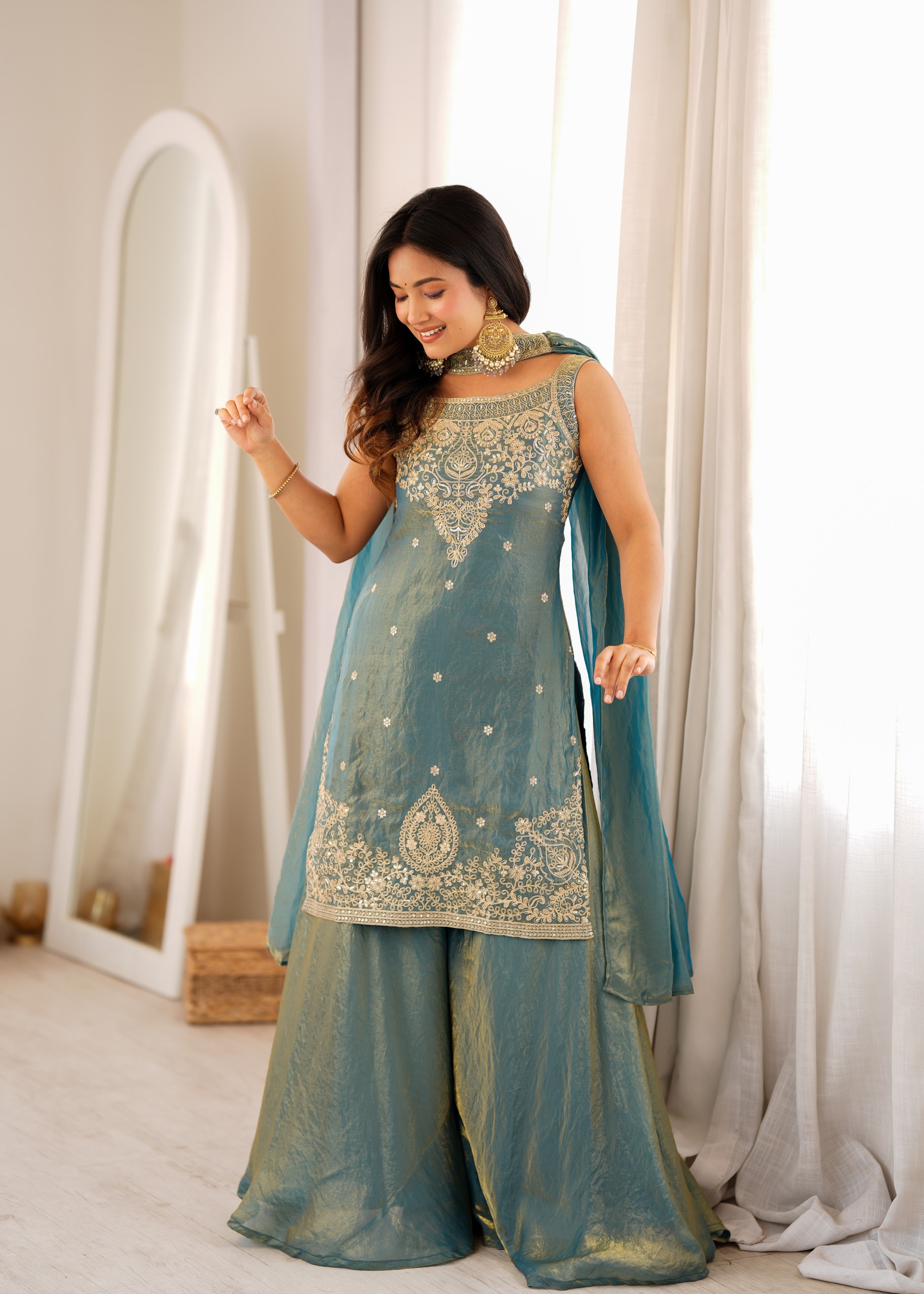 Fendy Silk Embroidered Sharara Set – Slate Blue