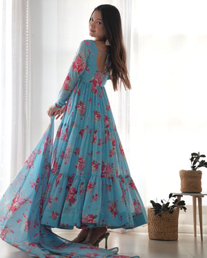 Georgette Printed Anarkali Set – Blue