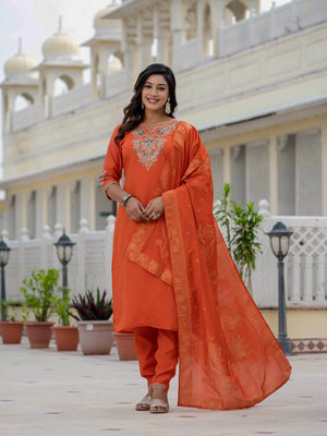 Premium Roman Silk Embroidered Straight Kurti Set – Orange