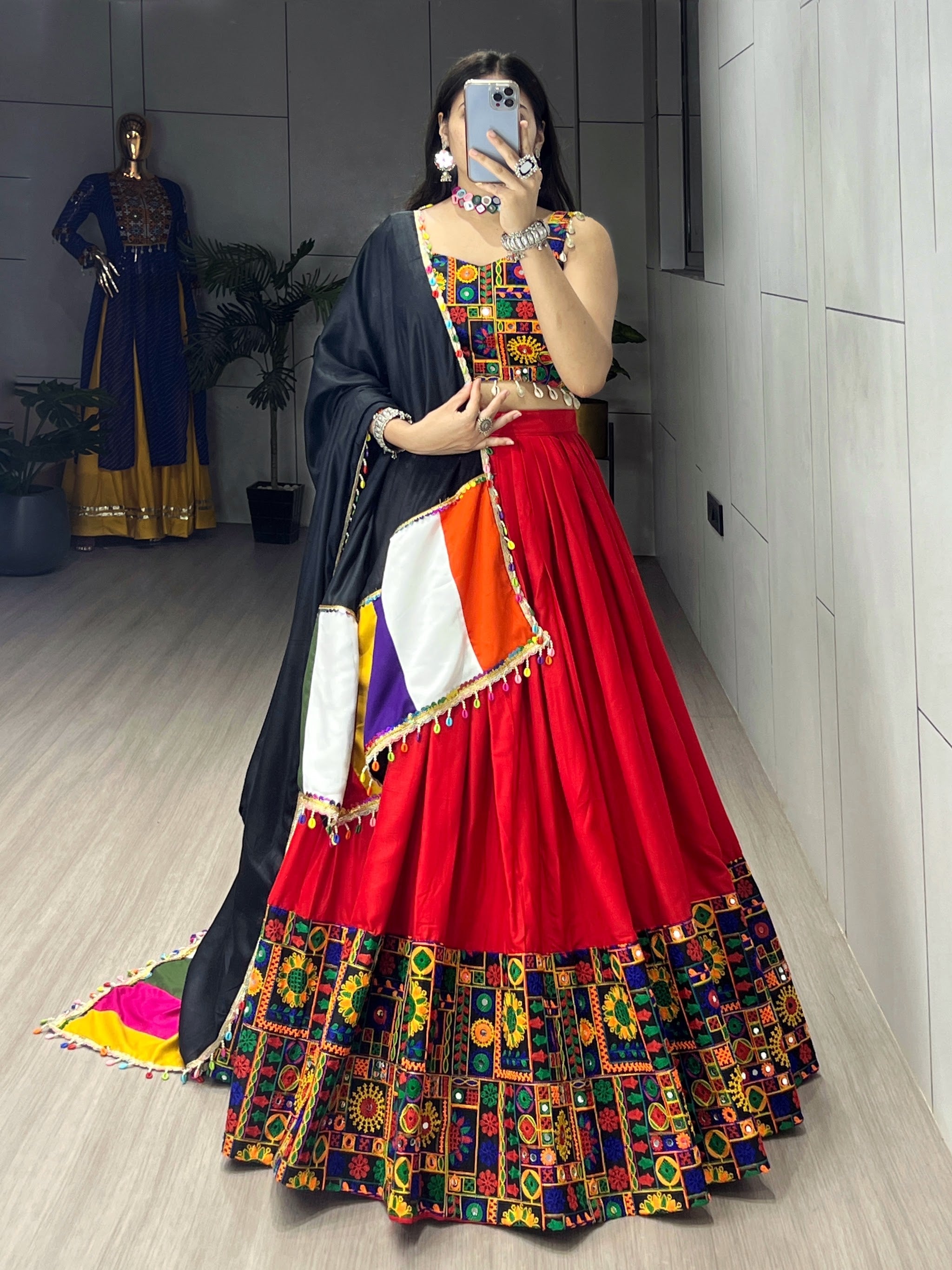 Navratri Red Gamthi Mirror Work Lehenga Set